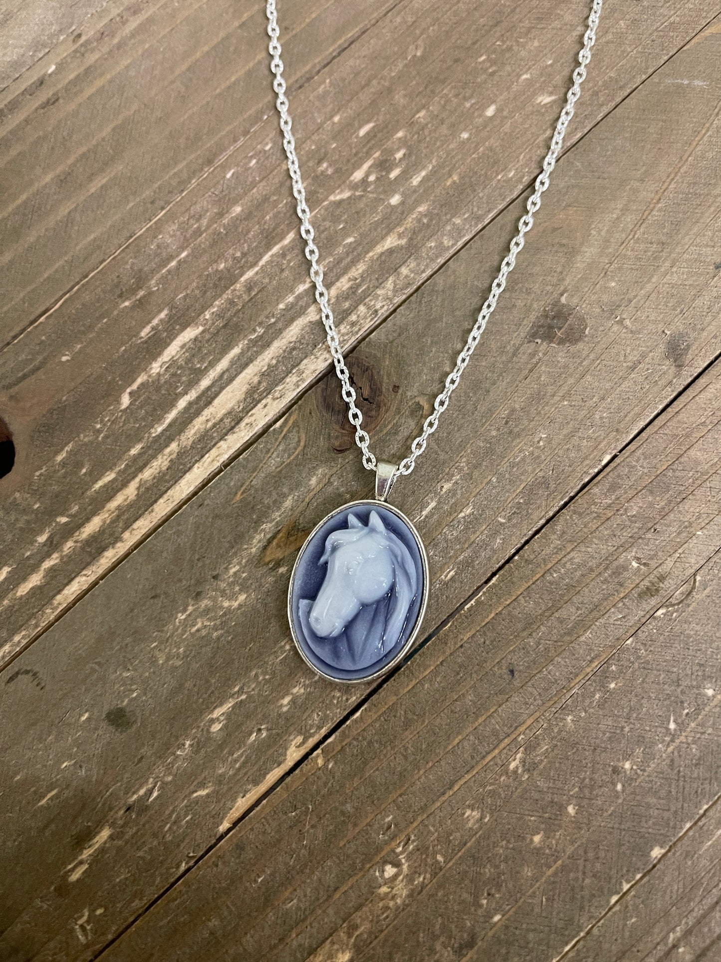 blue and White Horse Cameo Pendant on a Silver chain NecklacePink tiful of LOVE