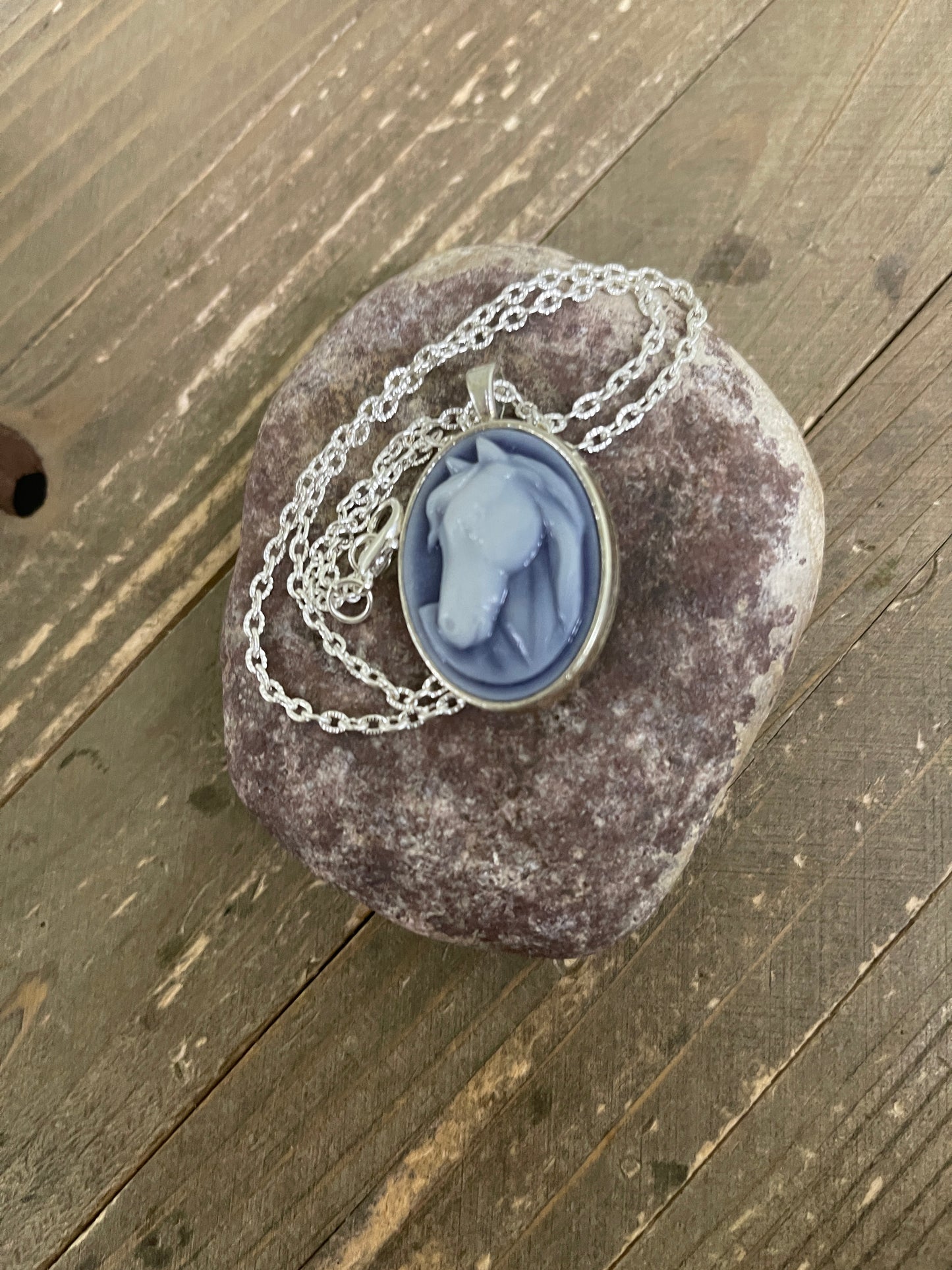 blue and White Horse Cameo Pendant on a Silver chain NecklacePink tiful of LOVE