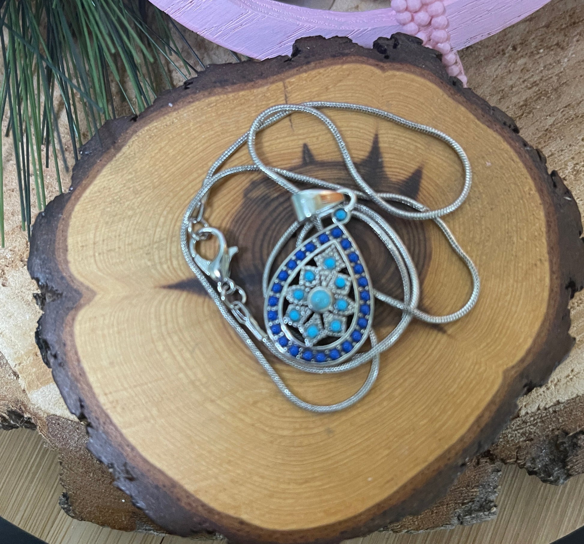 Blue Boho Teardrop Pendant on a Silver chain NecklacePink tiful of LOVE
