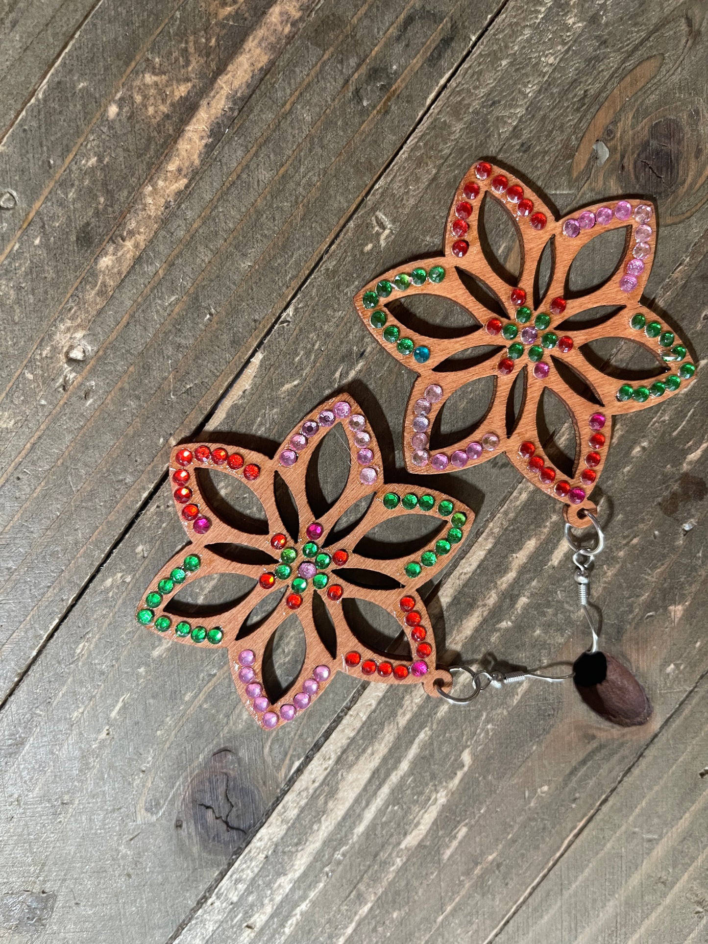 Geometric Wooden with Gemstones Wire Earrings-4Pink tiful of LOVE