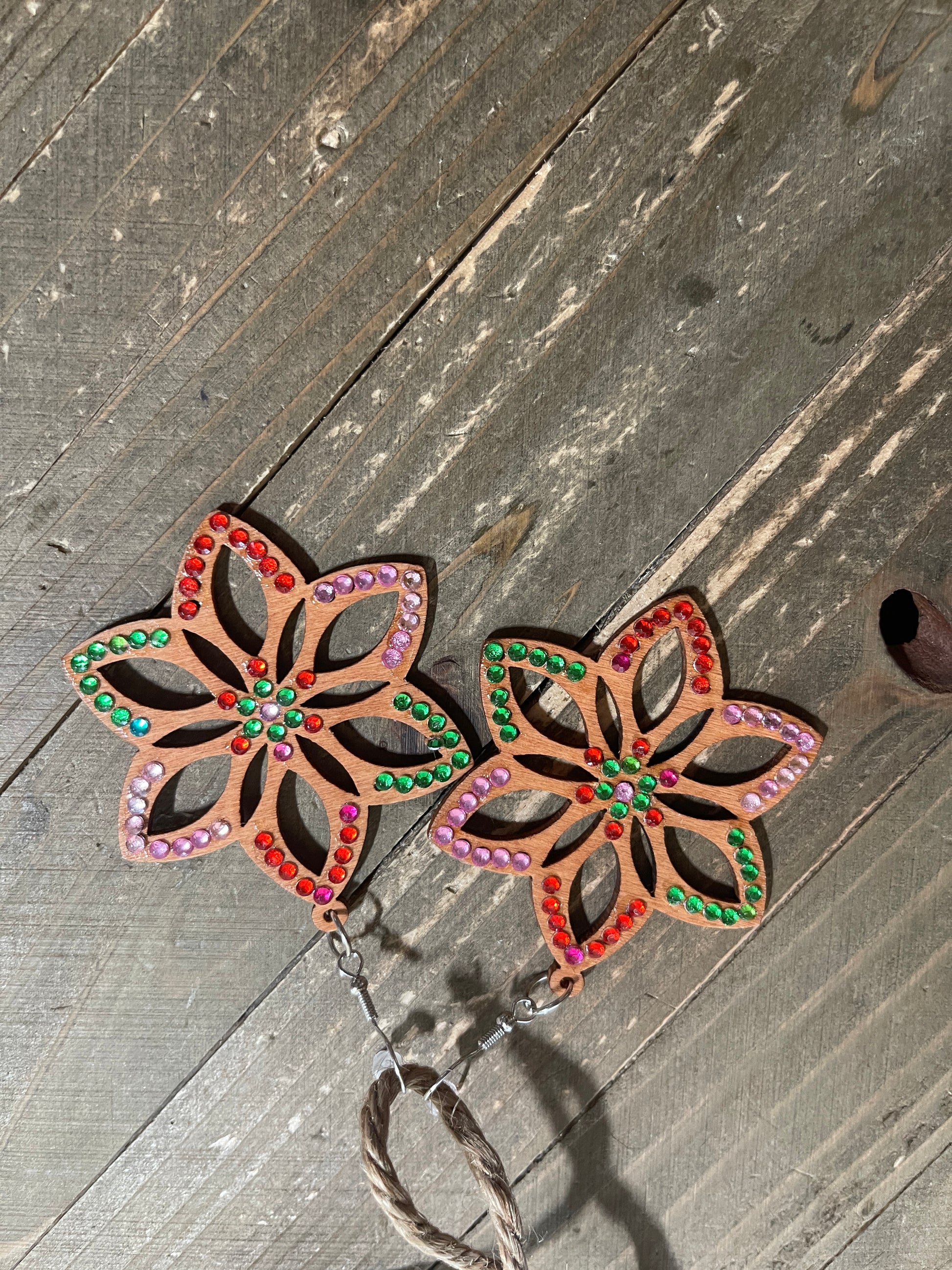 Geometric Wooden with Gemstones Wire Earrings-4Pink tiful of LOVE