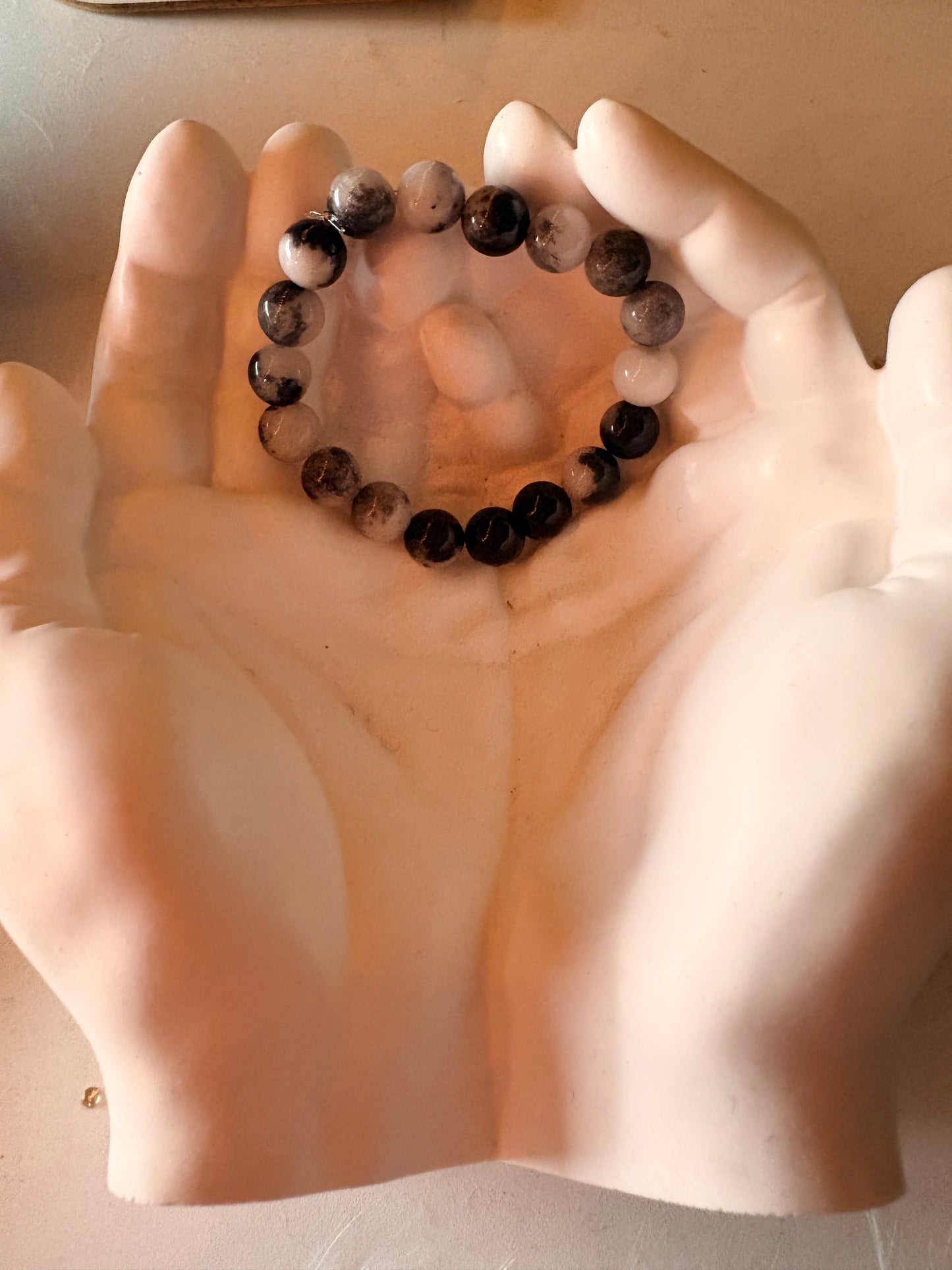 Black & White Dolomite Jasper Beaded Bracelet – 10mm Marble Stretch Bracelet