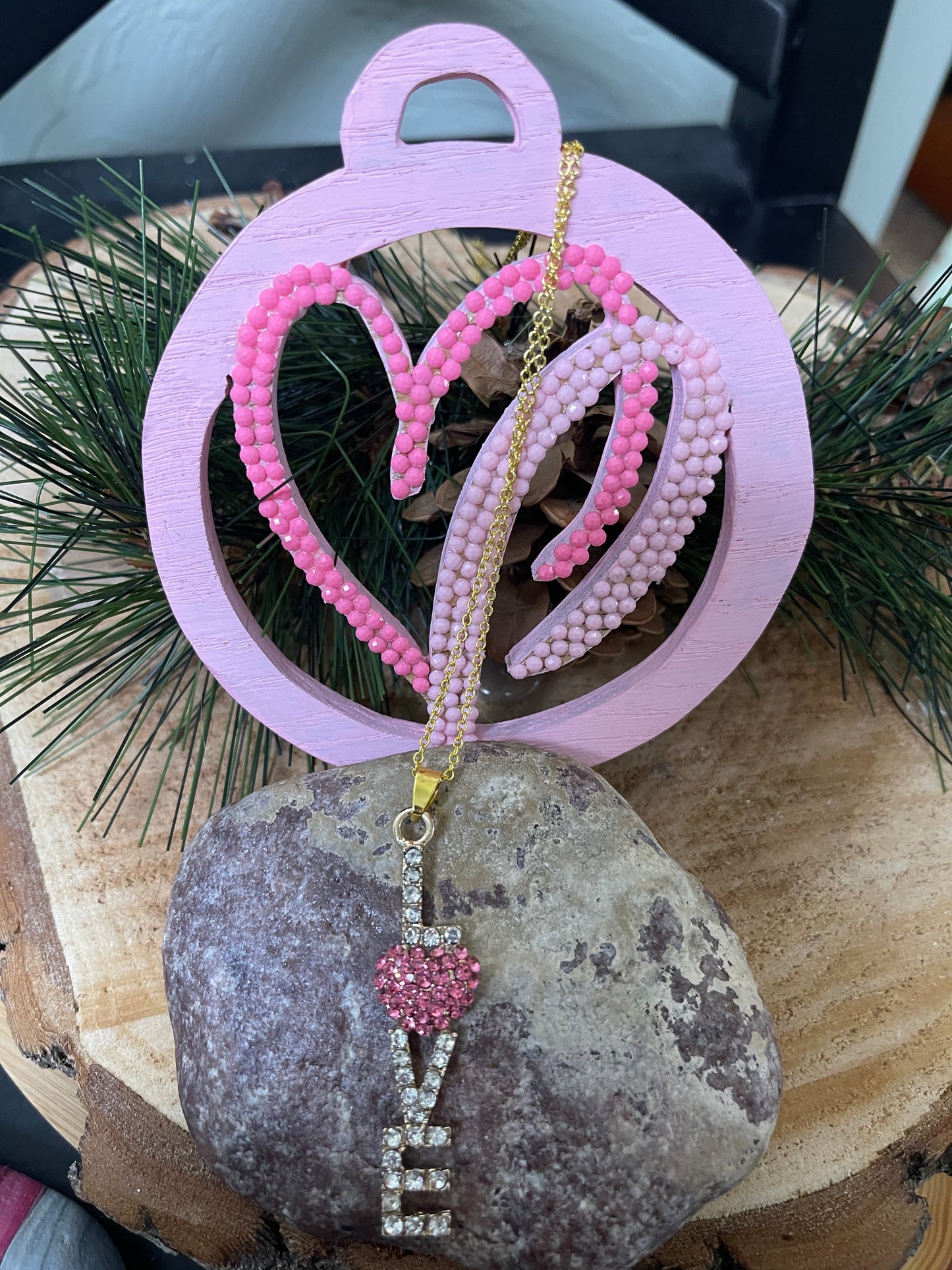 LOVE Rhinestone Pendant on a Gold chain Necklace-PinkPink tiful of LOVE