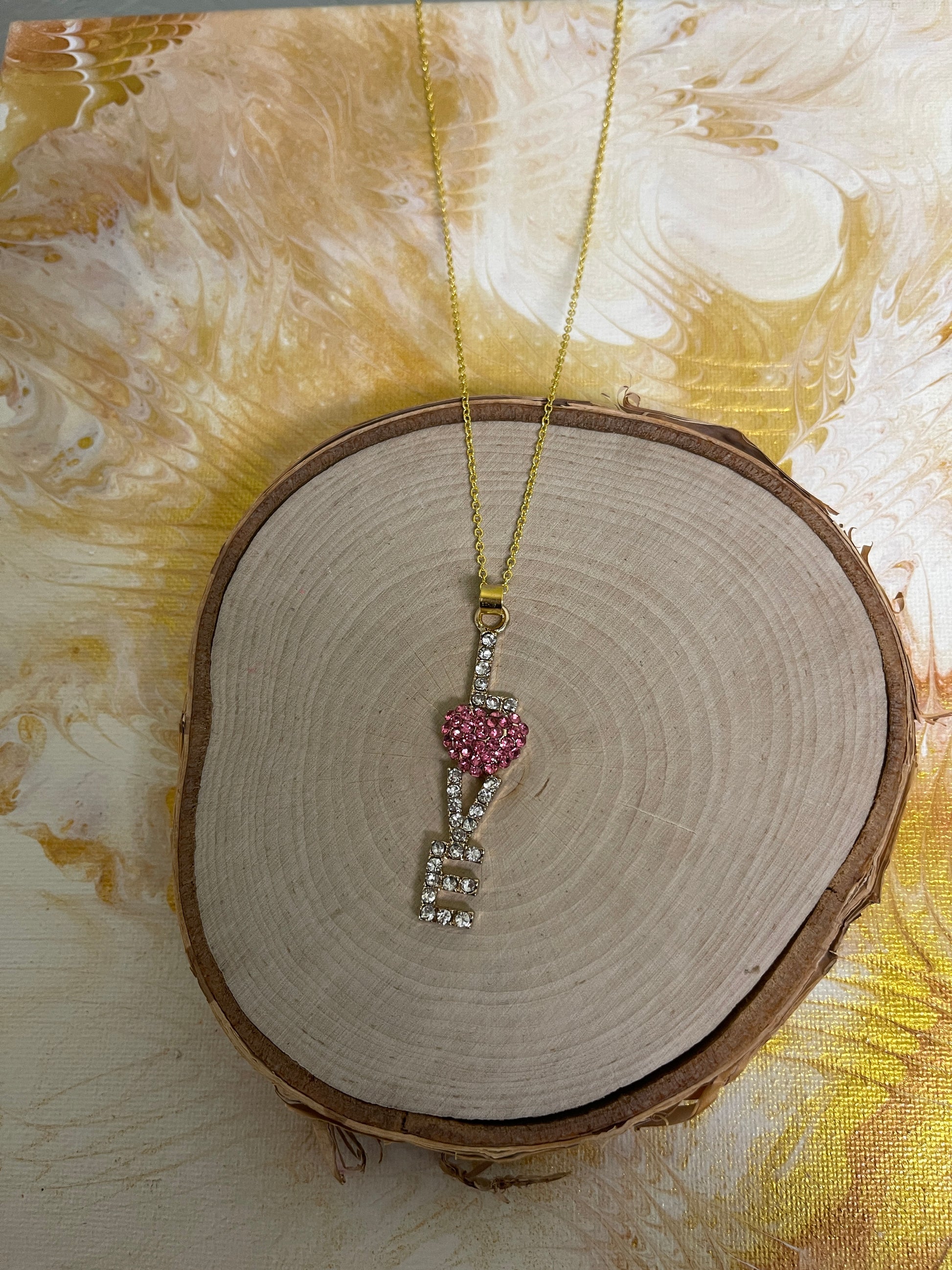 LOVE Rhinestone Pendant on a Gold chain Necklace-PinkPink tiful of LOVE