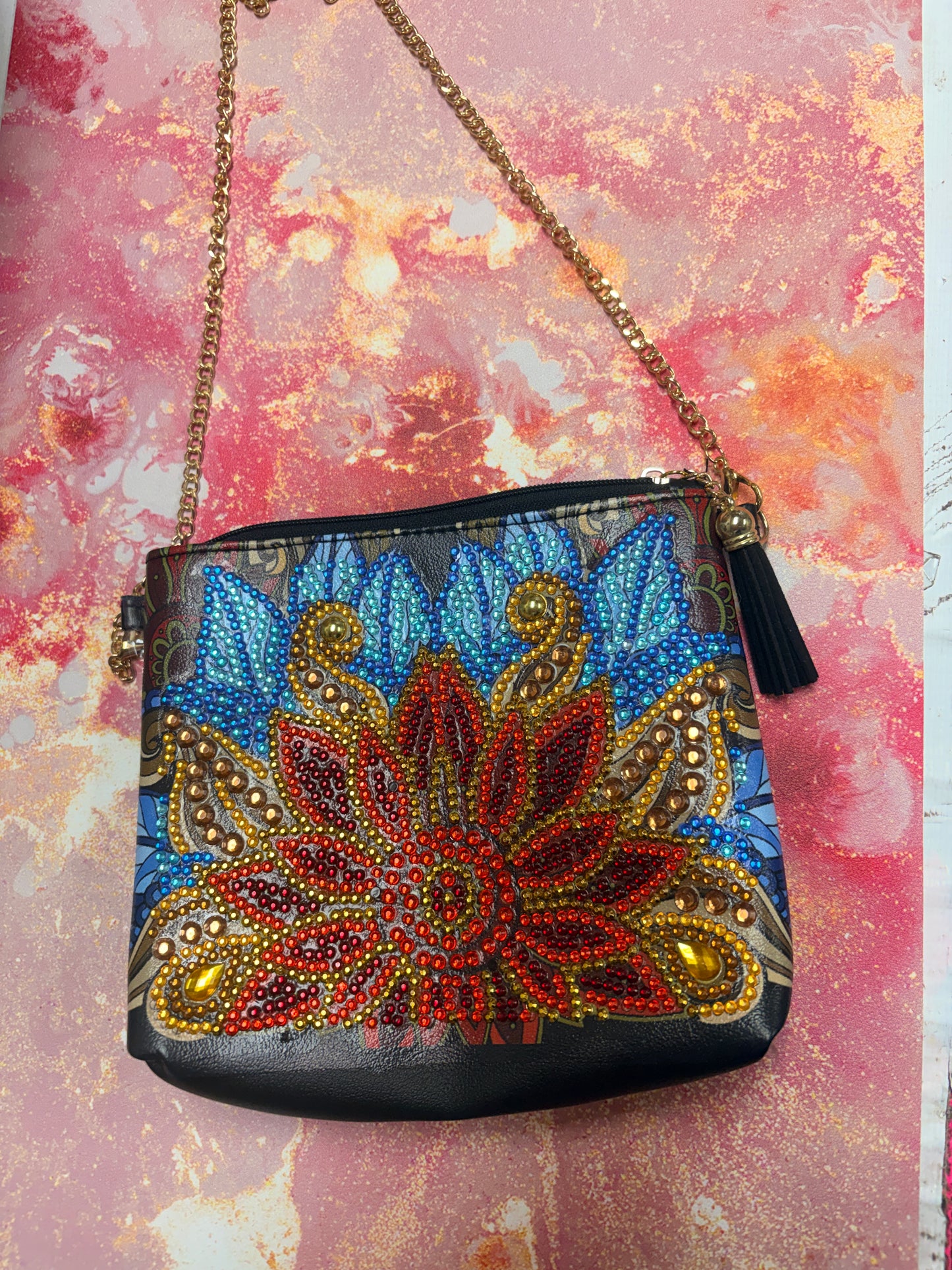 Diamond Art Floral Purse – Rhinestone Vinyl Zipper Clutch with Gold Chain