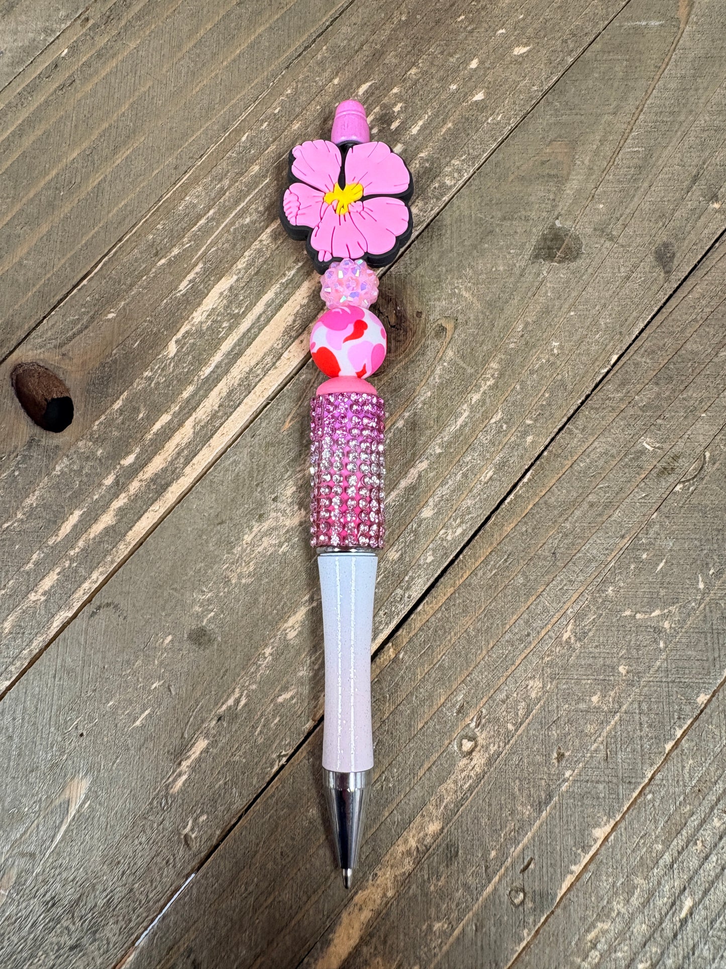 Pink Hibiscus Bling Beaded Pen – Tropical Rhinestone Statement Pen