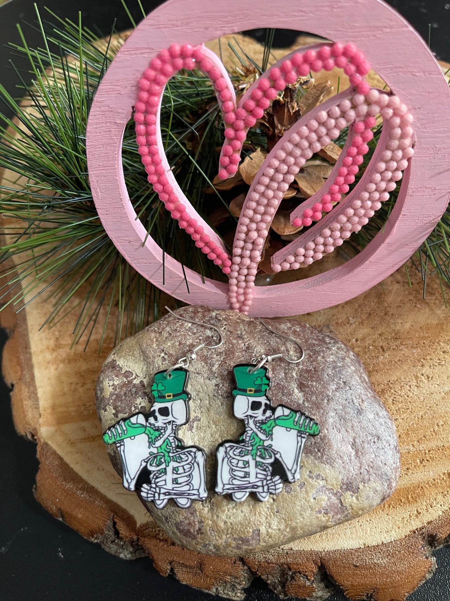 St. Patrick's Day Drinking Skeleton Charm Wire earringsPink tiful of LOVE