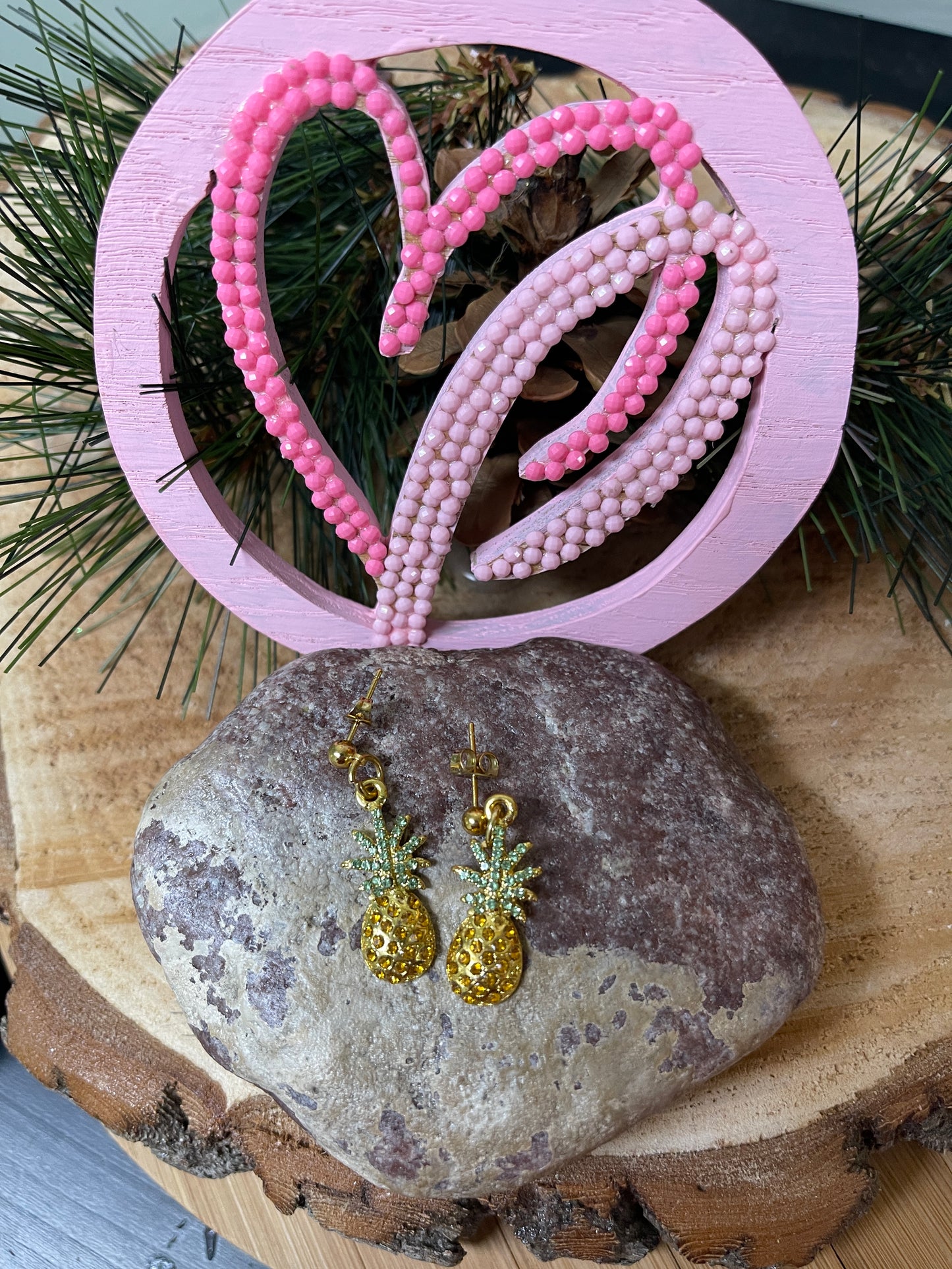 Pineapple-Gold Plated, Rhinestone charms Ball Post earringsPink tiful of LOVE