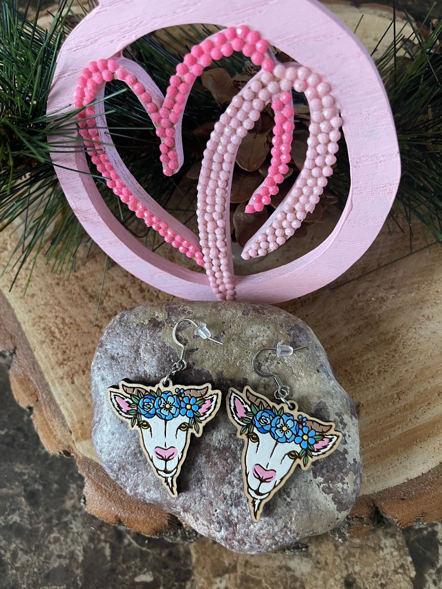 Goat Flower Crown Wooden Wire EarringsPink tiful of LOVE