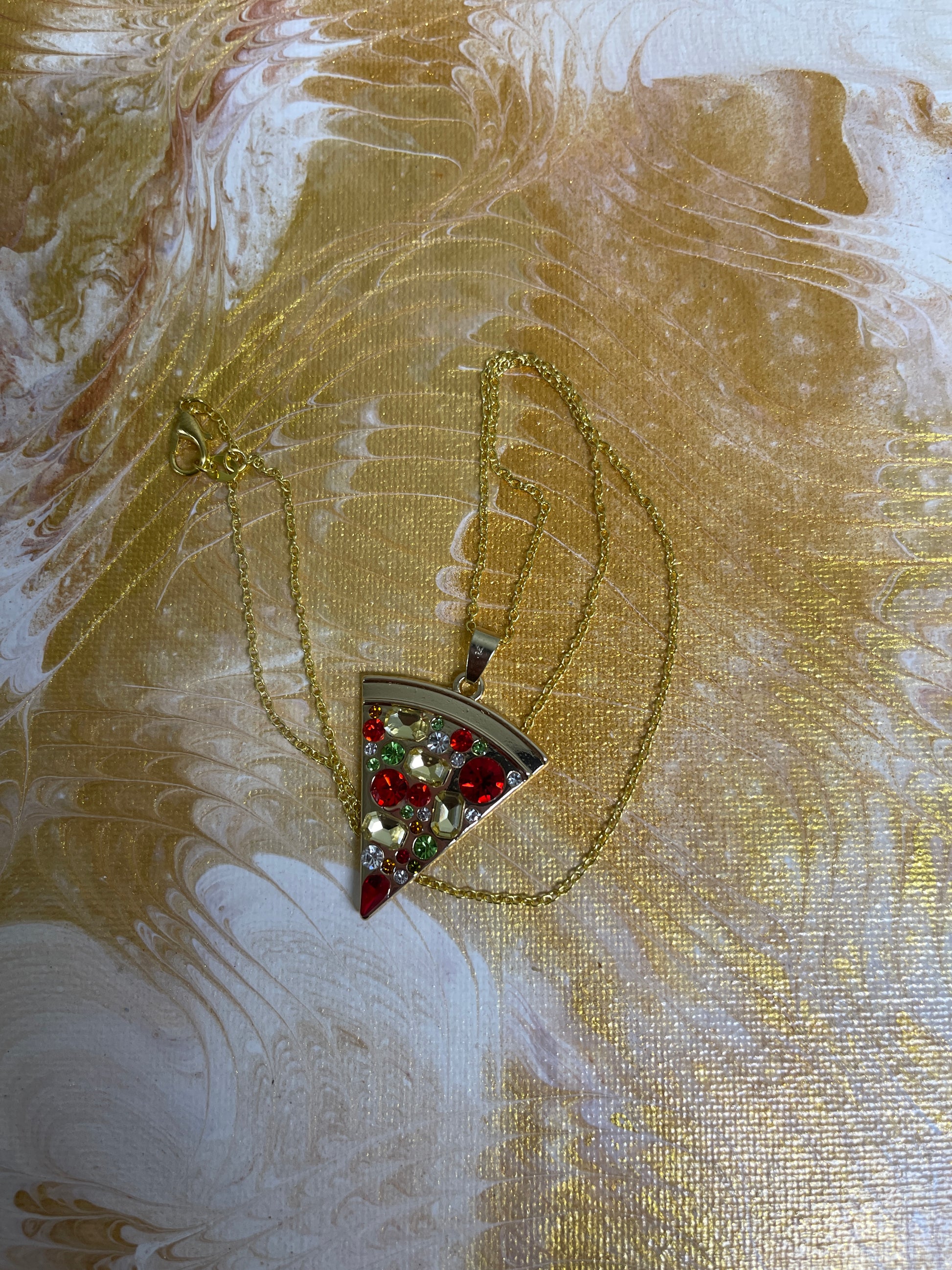 Pizza Rhinestone Pendant on a Gold chain NecklacePink tiful of LOVE