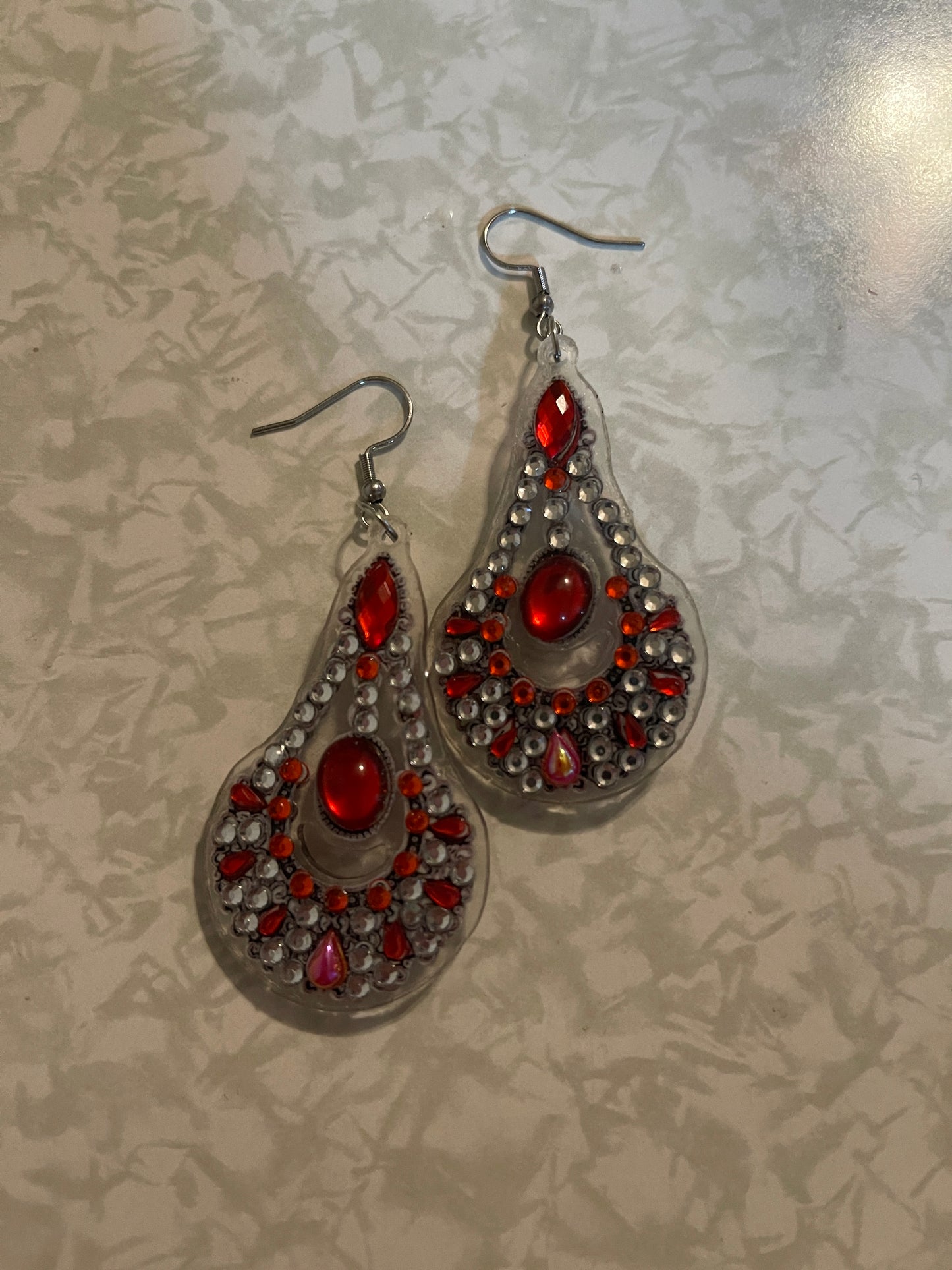 Diamond Art Teardrop Earrings – Red & Clear Gemstone Acrylic Dangle Earrings