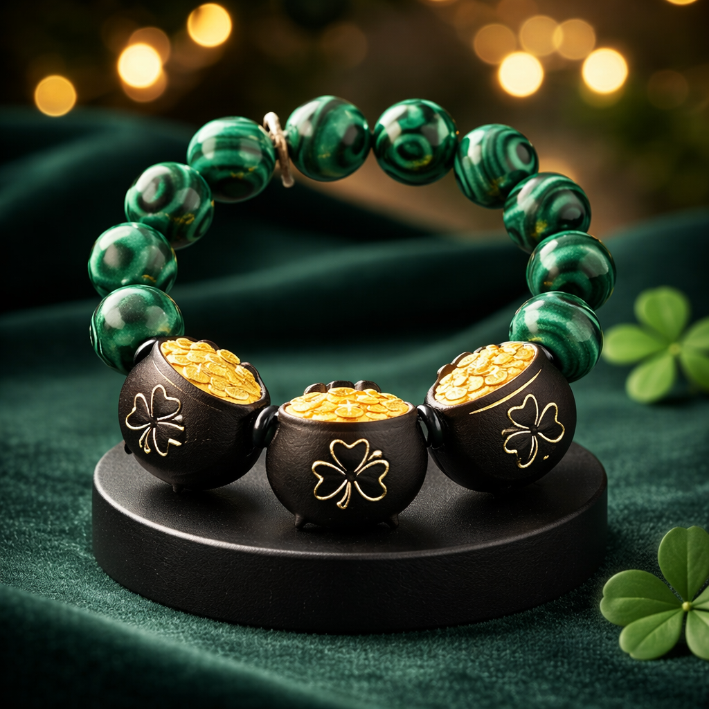 St. Patrick’s Day Pot of Gold Stretch Bracelet -Reconstituted Malachite Beads