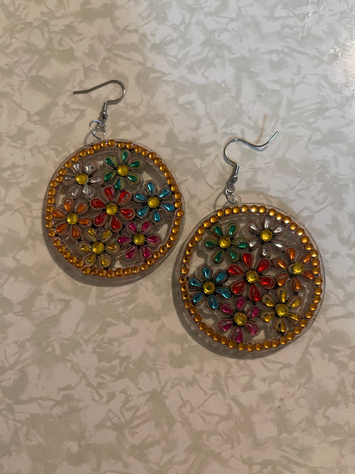Diamond Art Floral Round Earrings – Multicolor Gemstone Acrylic Dangle Earrings