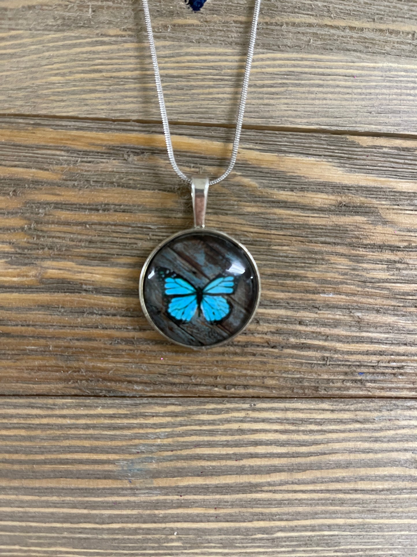 Butterfly-blue Cabochon Pendant on a silver chain NecklacePink tiful of LOVE