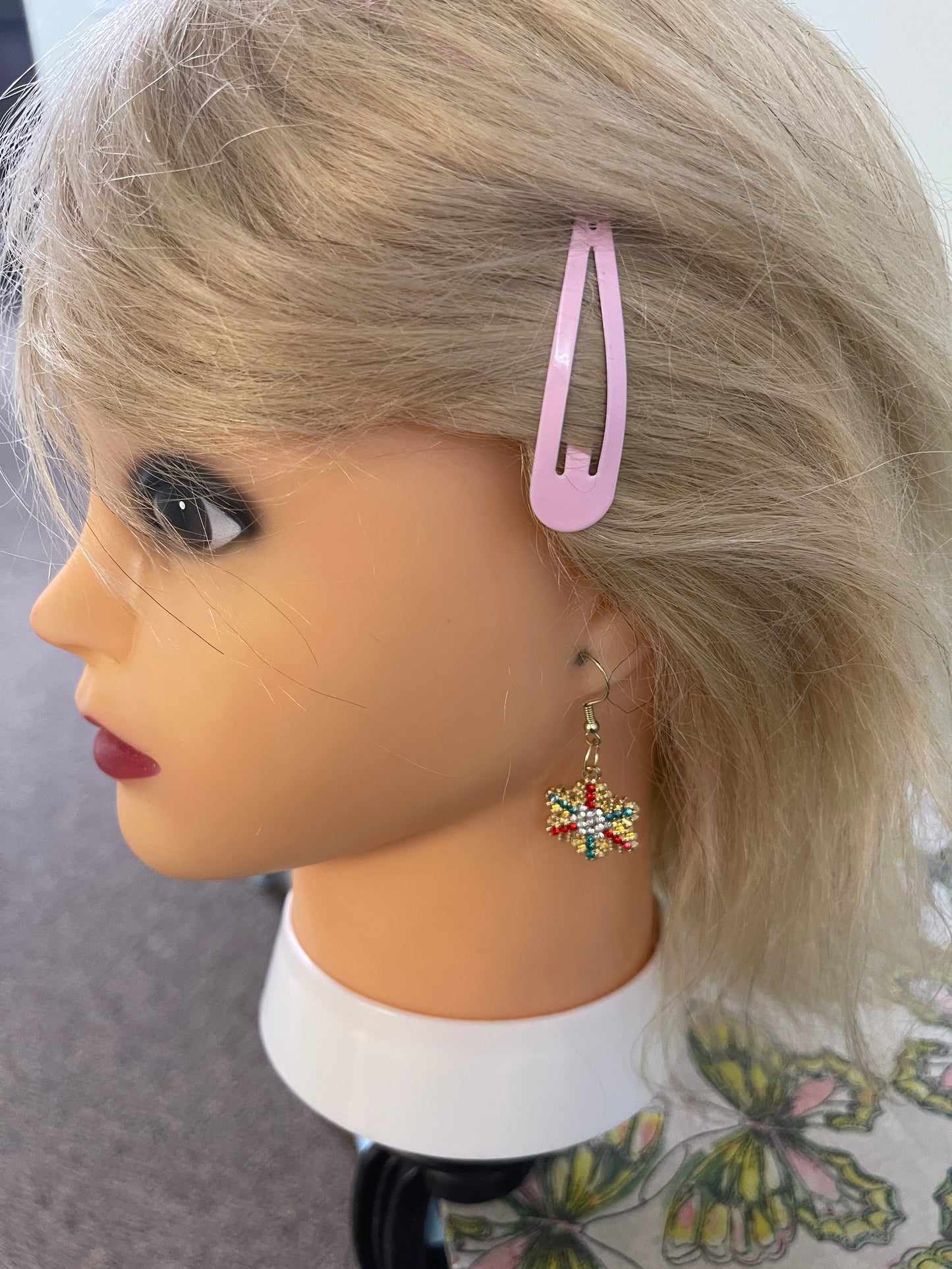 Gold Toned Rhinestone Snowflake charm Wire EarringPink tiful of LOVE