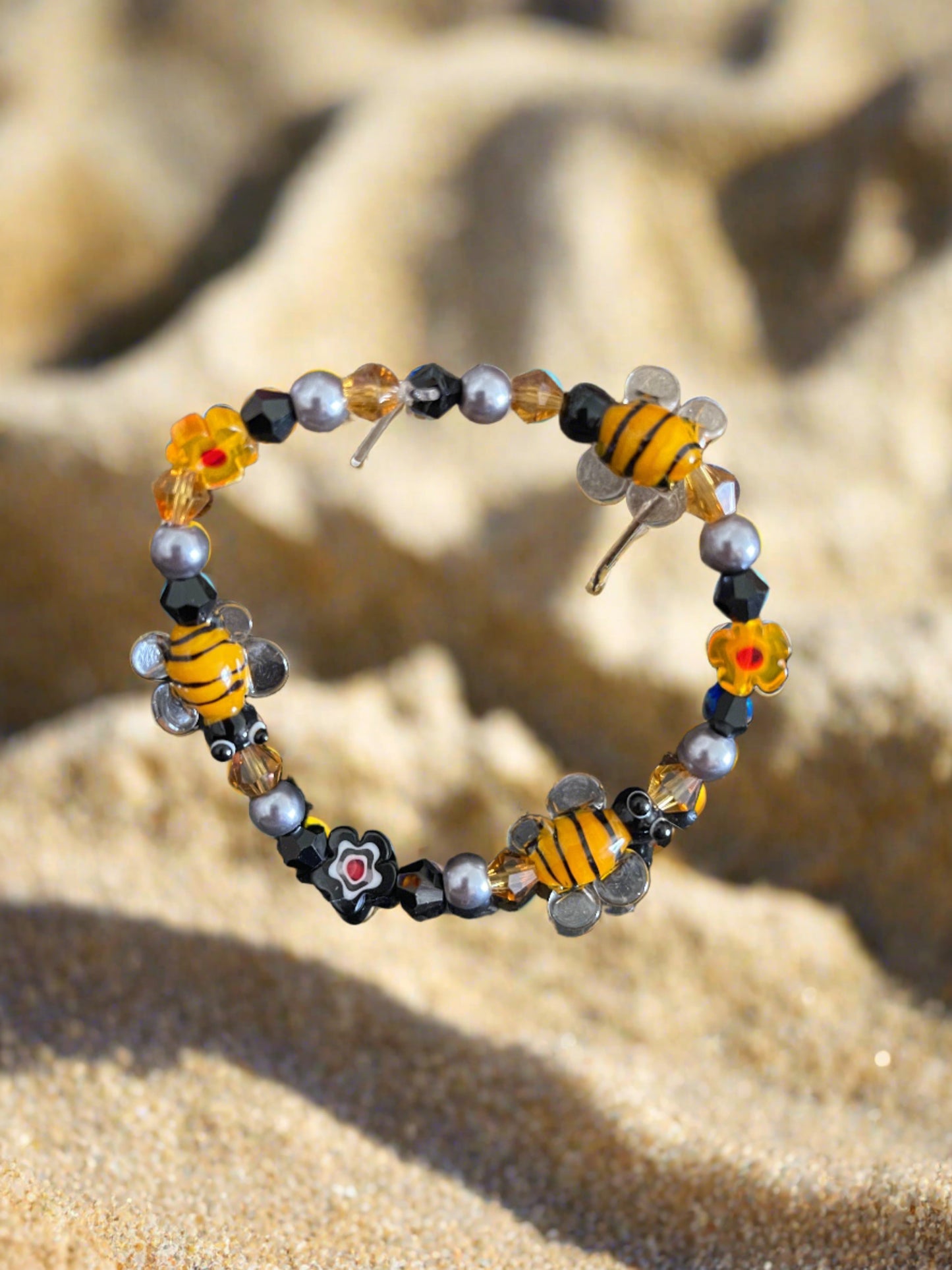 Lampwork Glass Bee beaded Stretch braceletPink tiful of LOVE