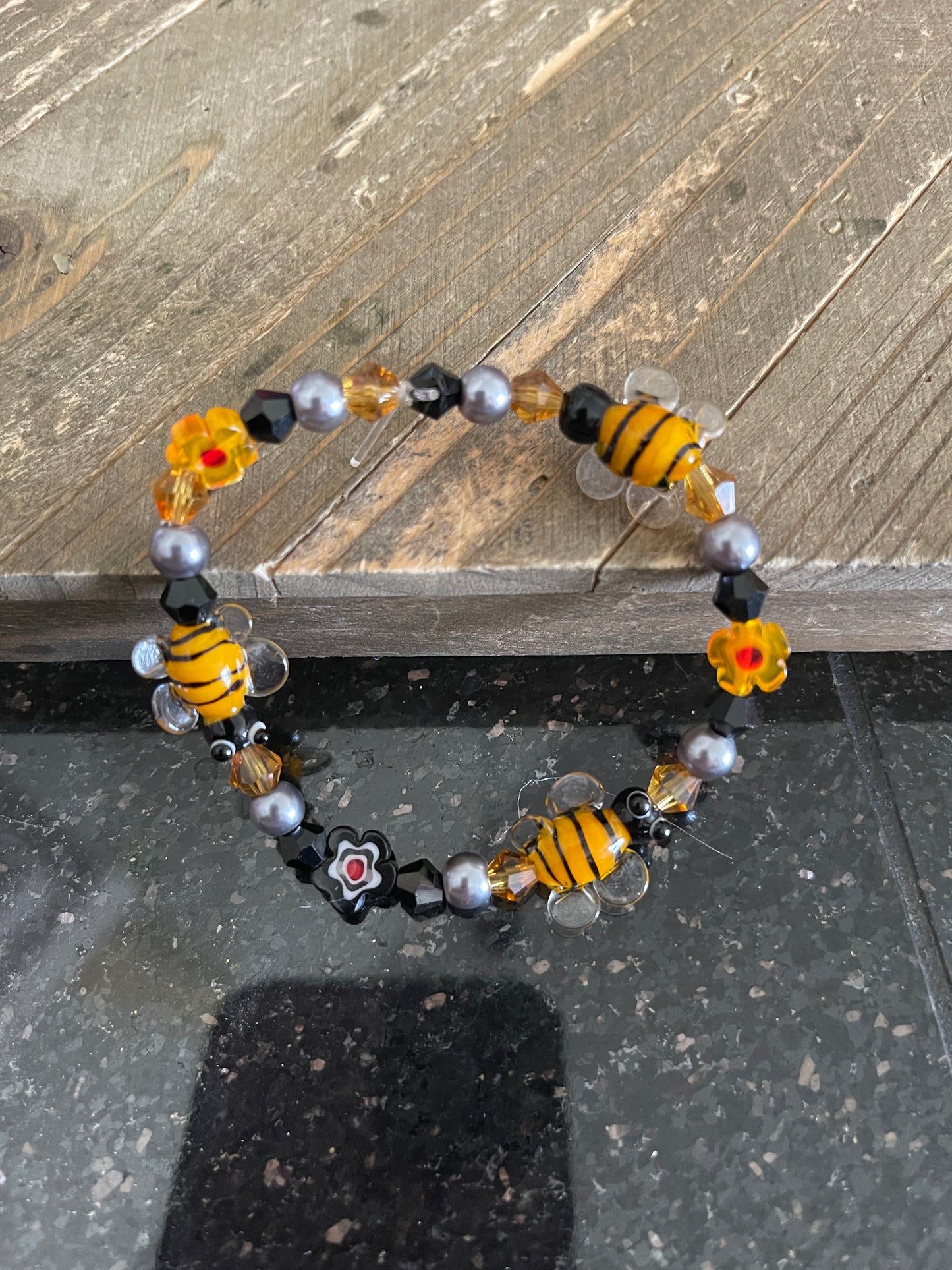 Lampwork Glass Bee beaded Stretch braceletPink tiful of LOVE