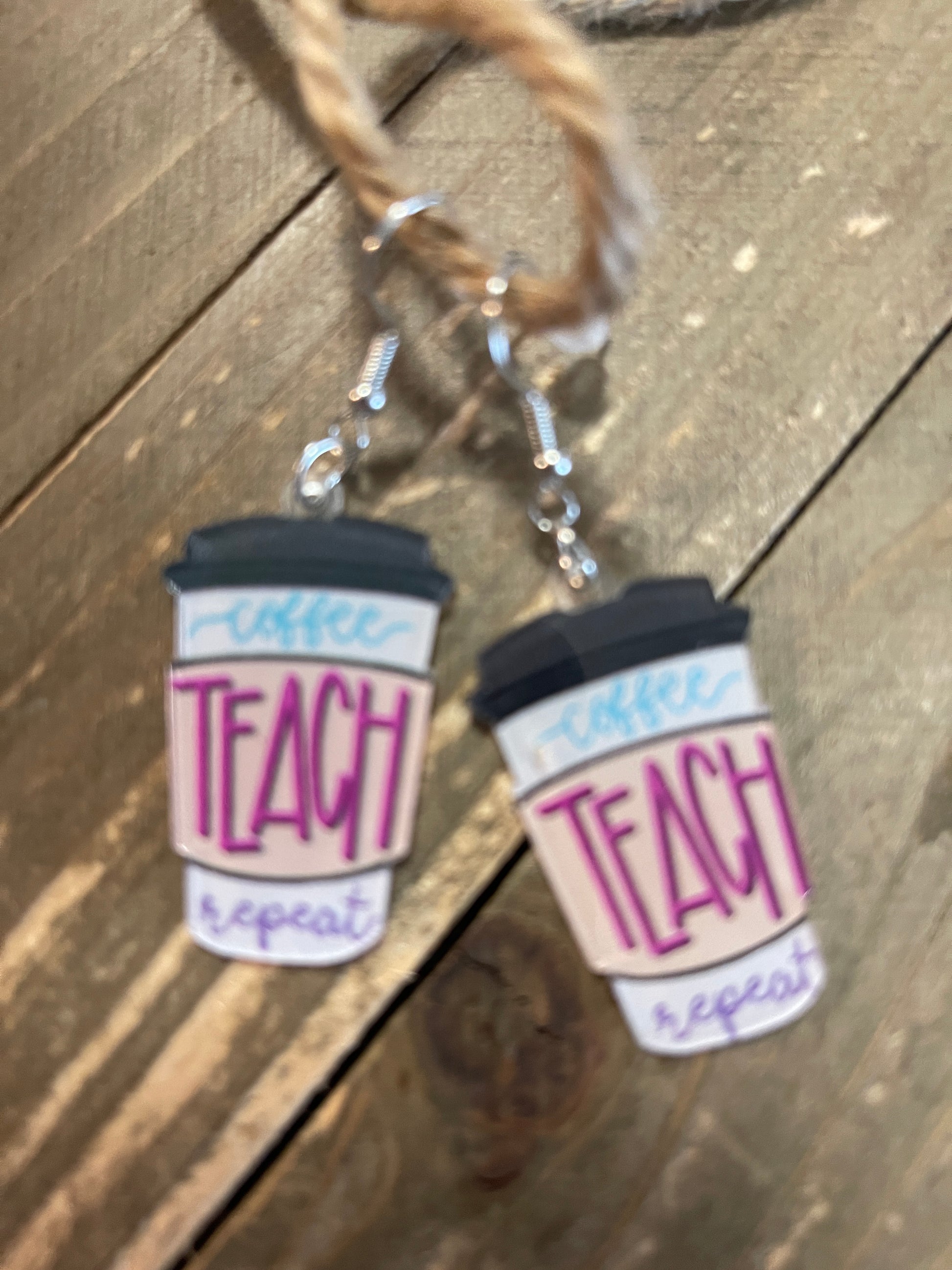 Teacher Wire Earrings; Acrylic; Coffee, Teach RepeatPink tiful of LOVE