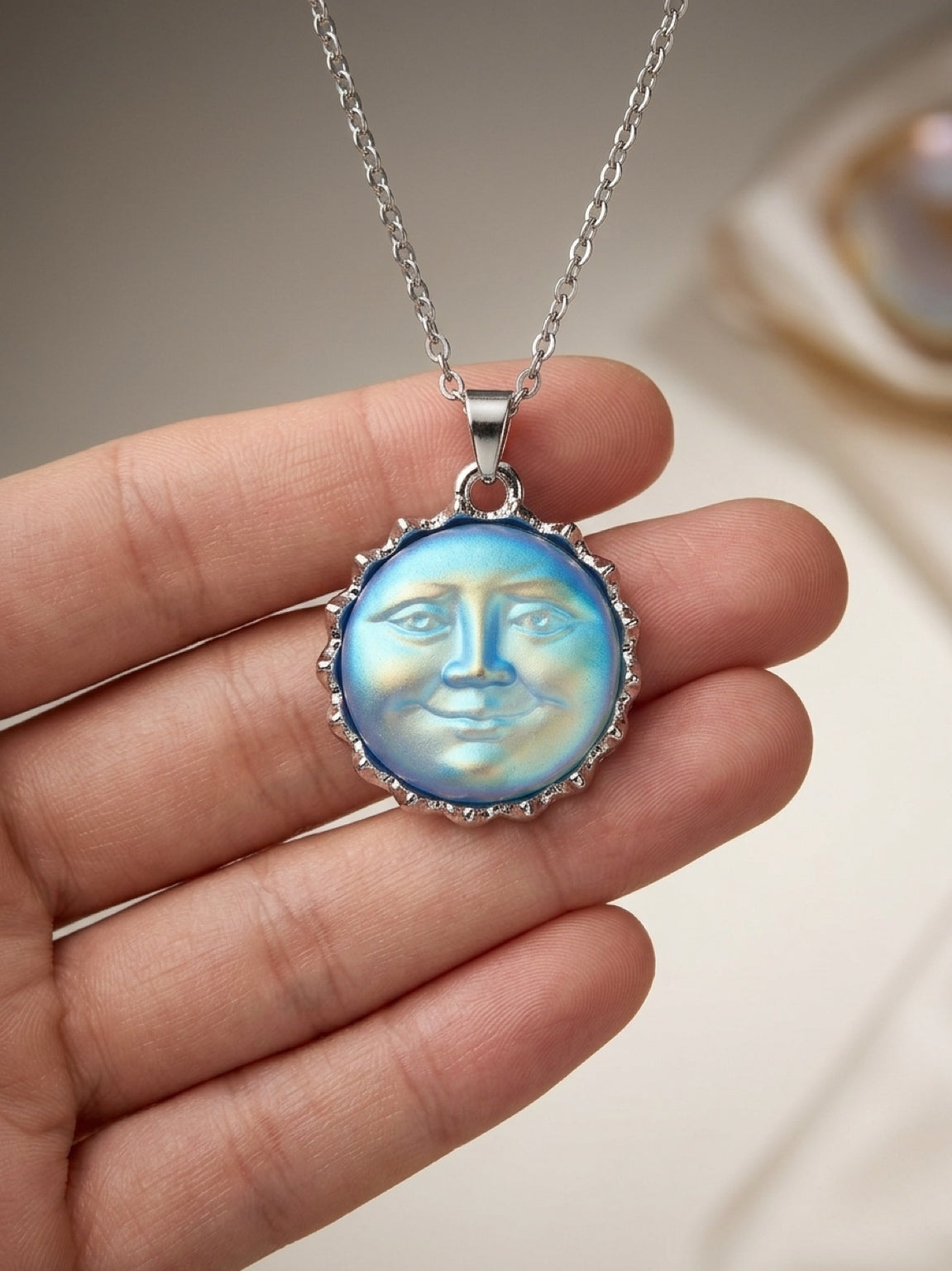 Iridescent Blue Moon Face Pendant Necklace