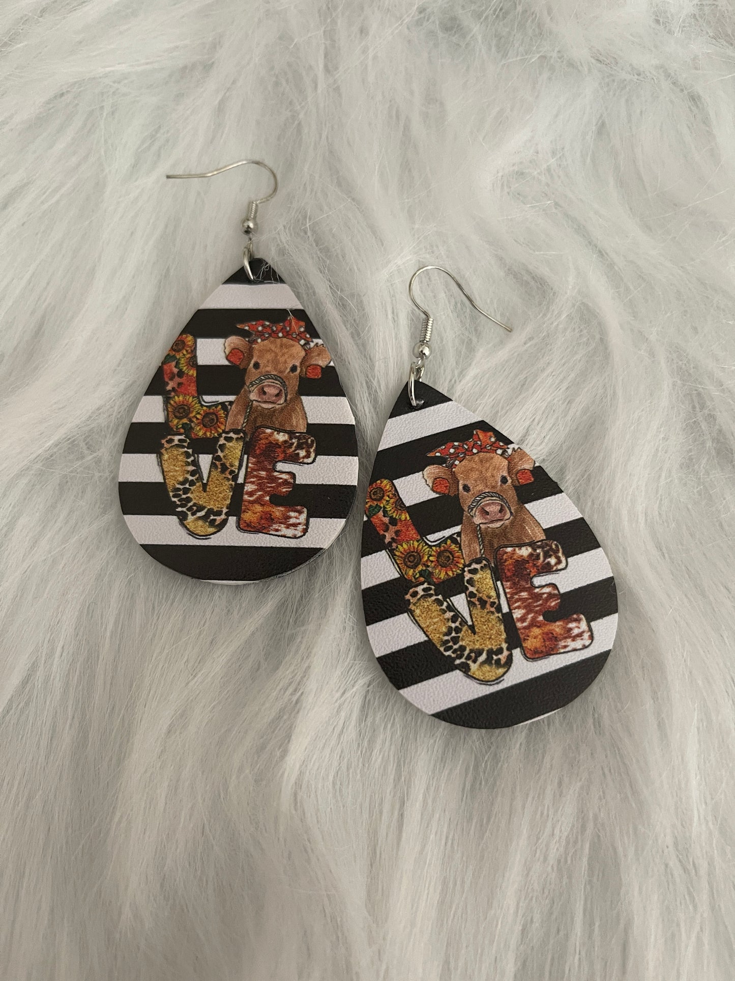 LOVE Cow Faux Leather Teardrop Wire EarringsPink tiful of LOVE