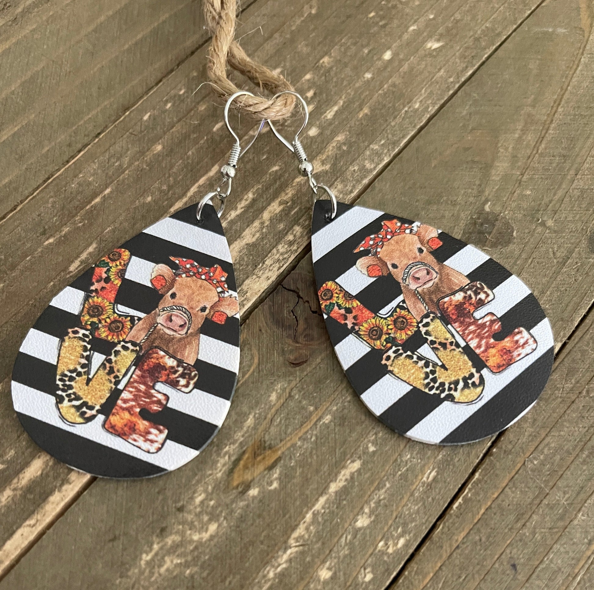 LOVE Cow Faux Leather Teardrop Wire EarringsPink tiful of LOVE