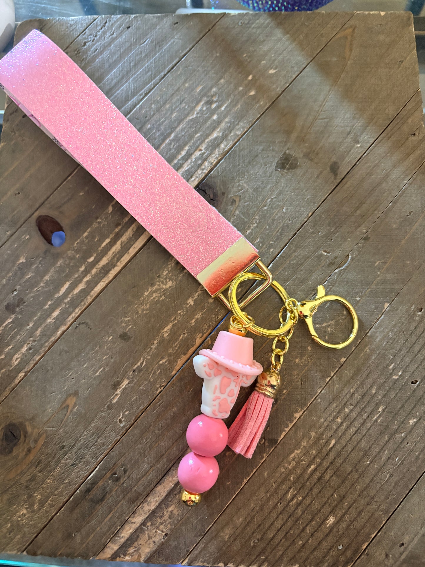 Pink Cow Wristlet Keychain