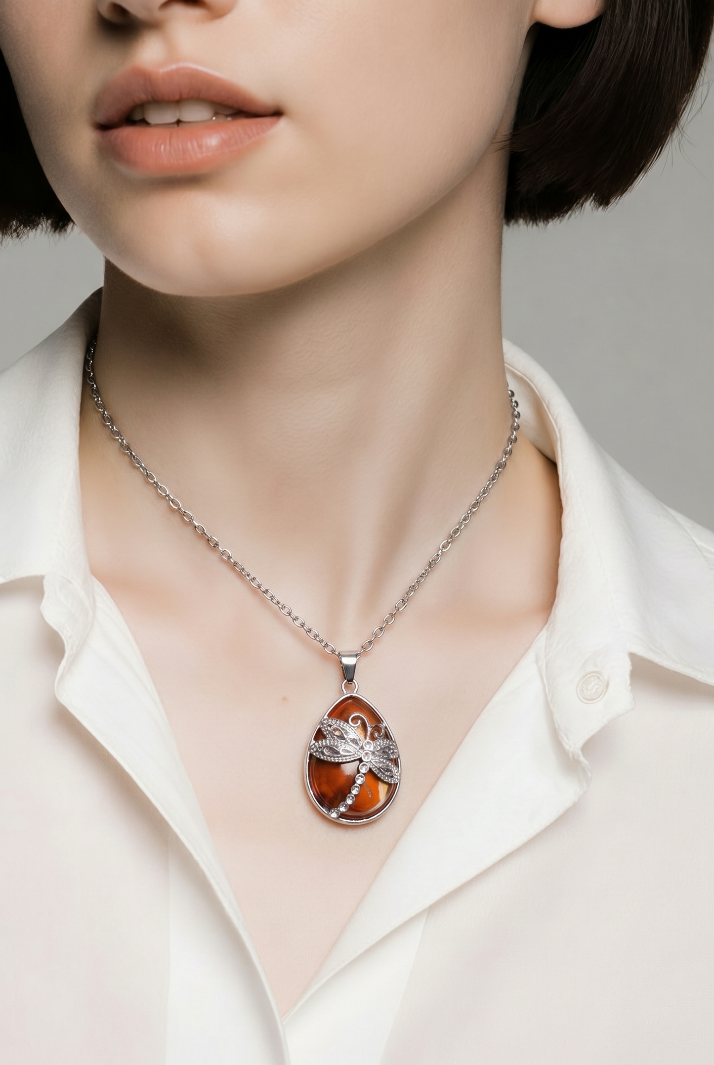 Brown Agate Dragonfly Teardrop Pendant Necklace