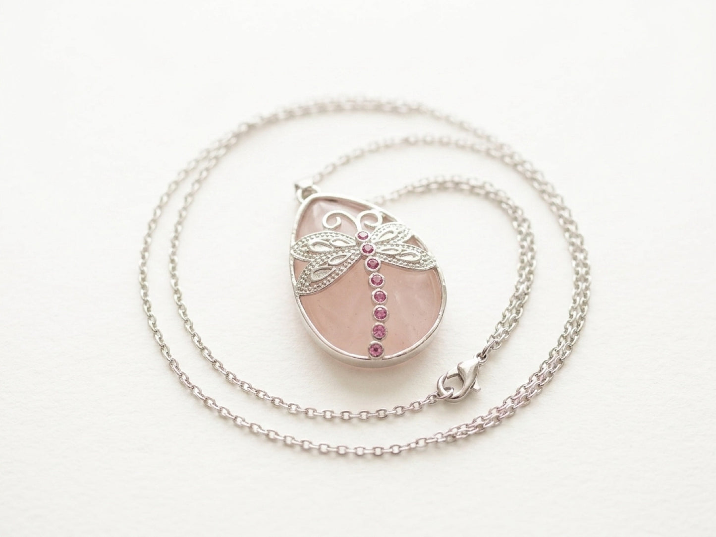 Pink Agate Dragonfly Teardrop Pendant Necklace