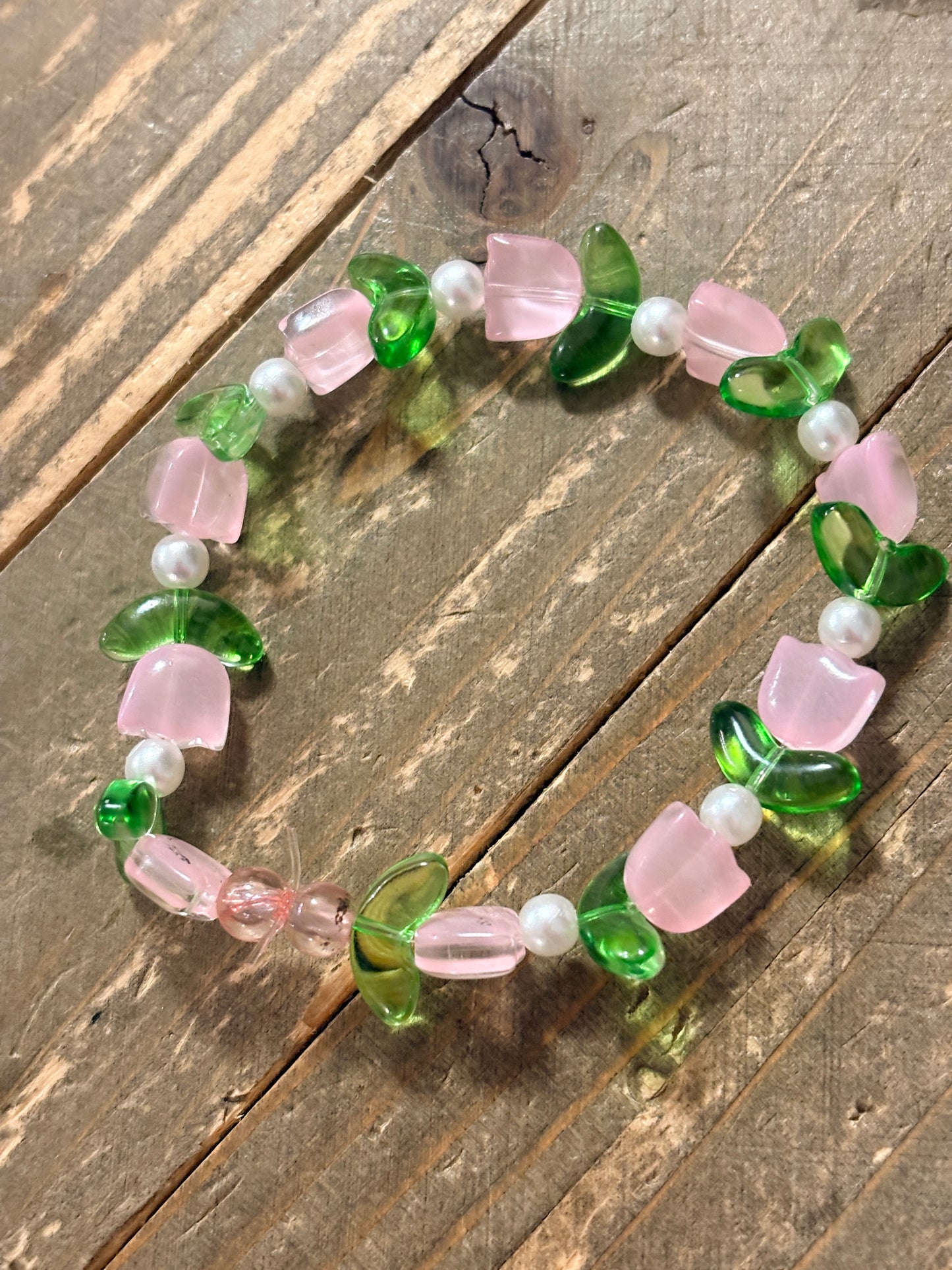 Pink Tulip Glass Beaded Stretch Bracelet