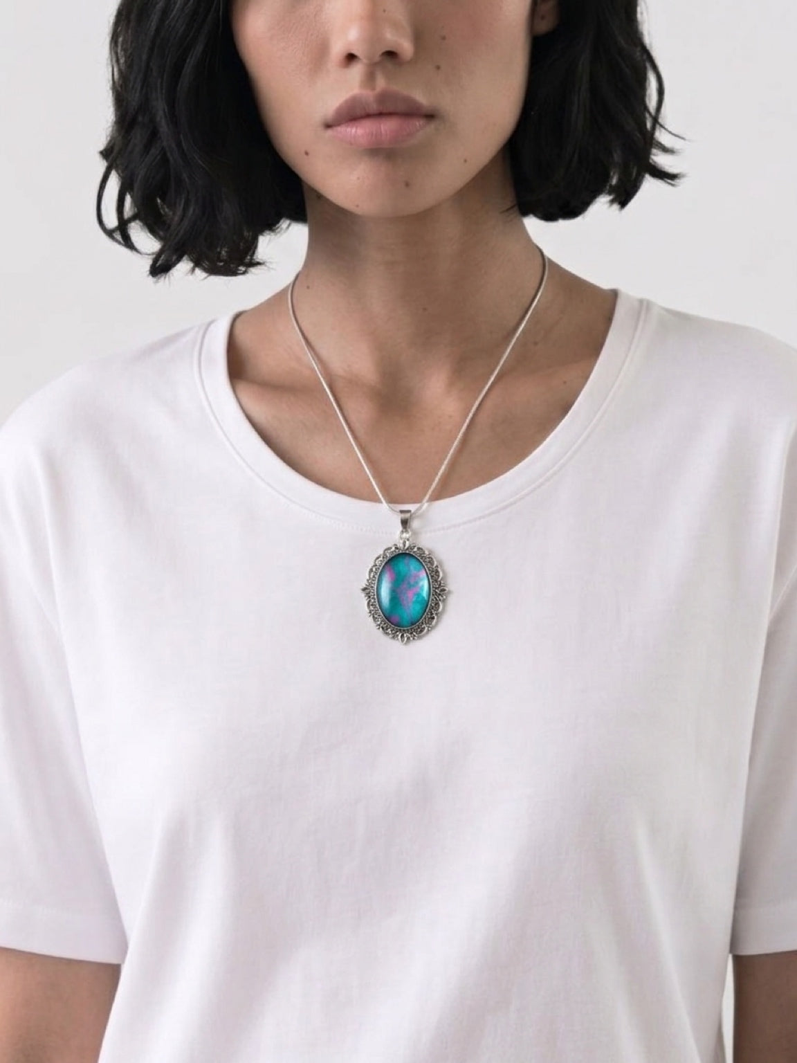 Acrylic Pour Paint Pink & Teal Oblong Pendant Necklace