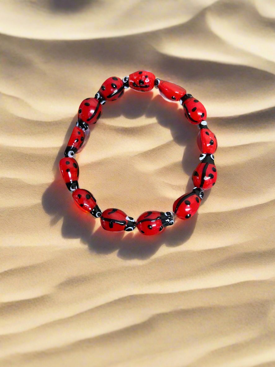 Red Glass Ladybug Beaded Elastic BraceletPink tiful of LOVE
