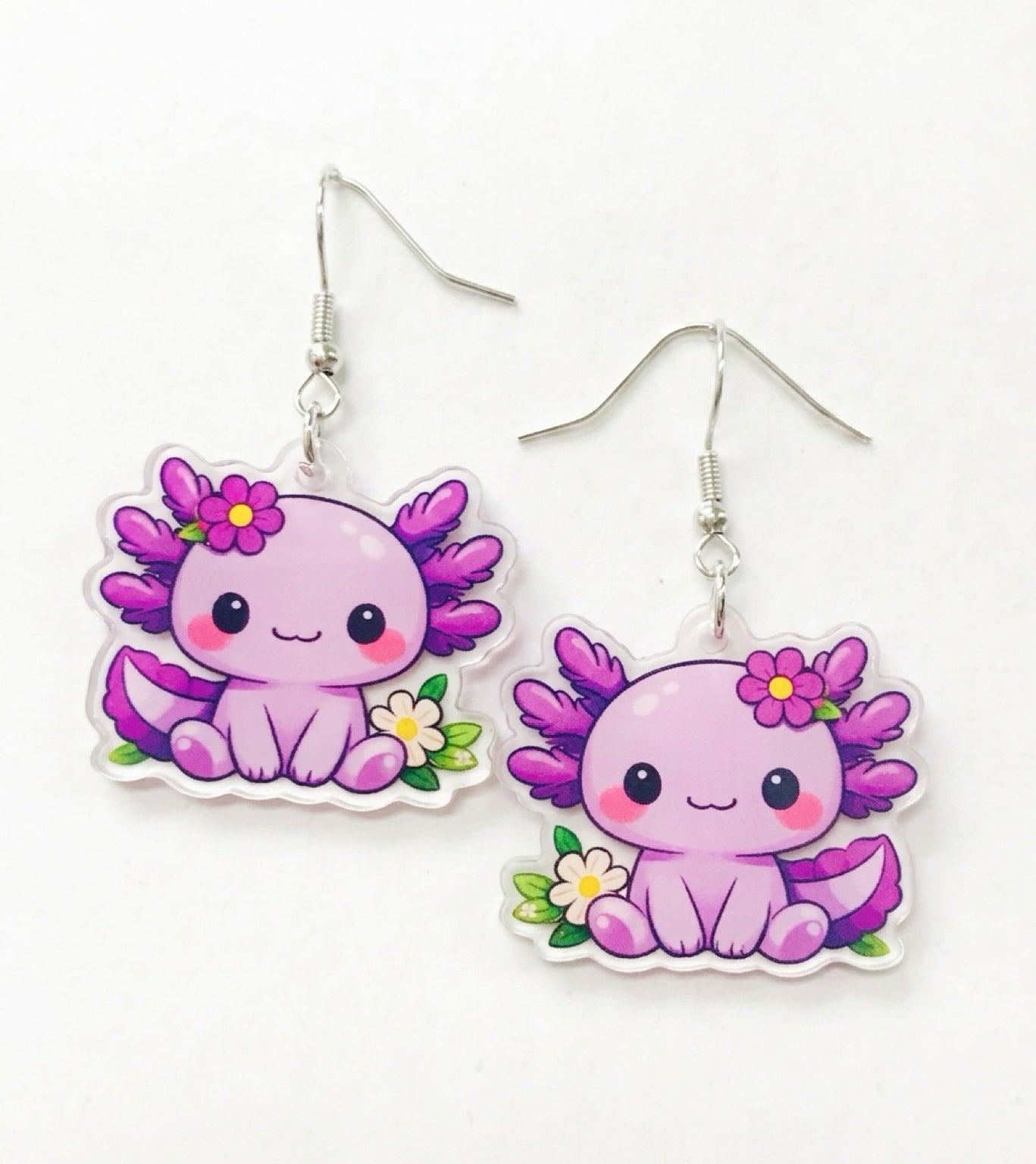 Lavender Kawaii Axolotl Acrylic Dangle Earrings