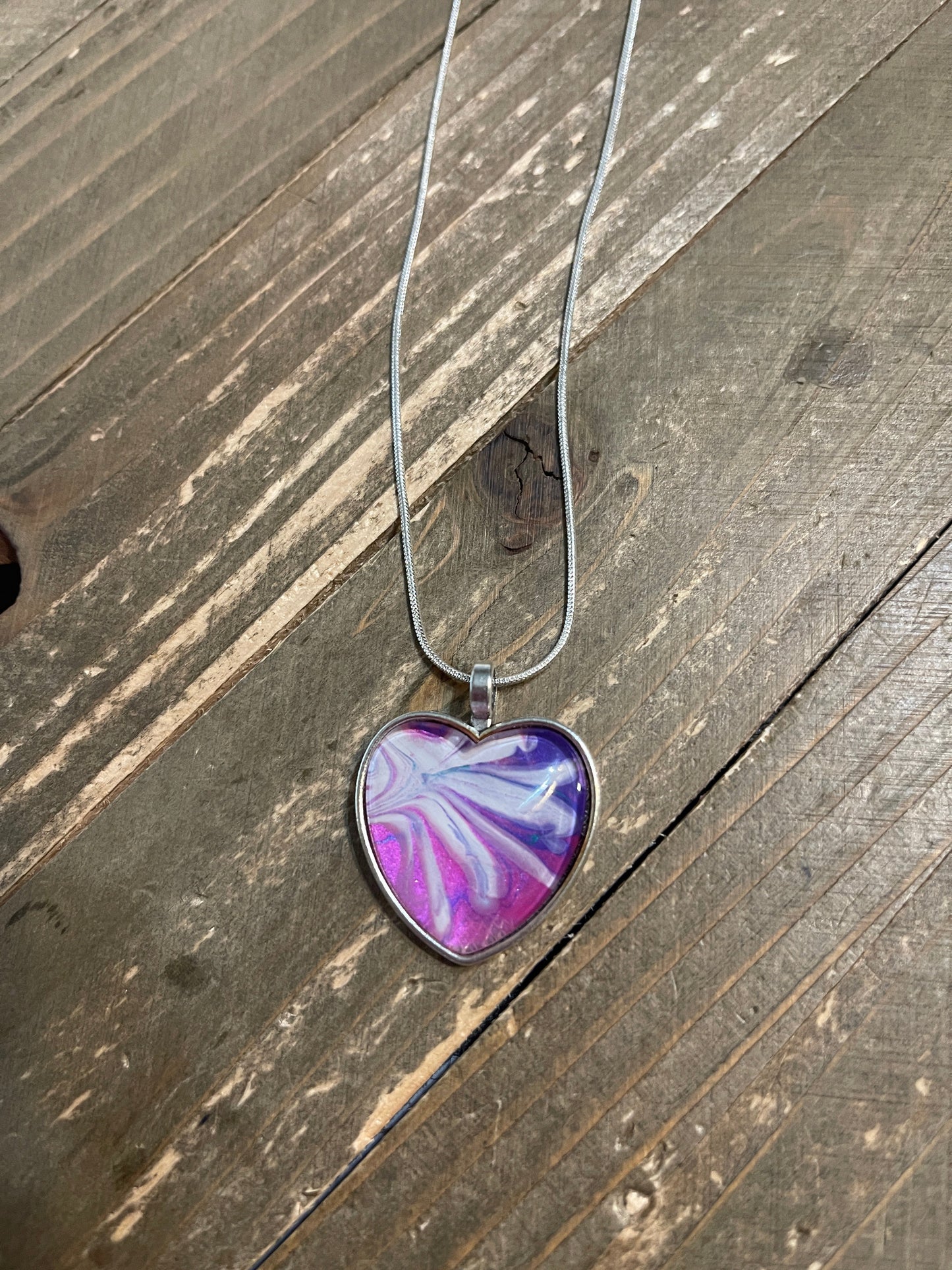 Acrylic Pour Paint - Pink, Purple & White Heart Pendant on a Silver Chain NecklacePink tiful of LOVE