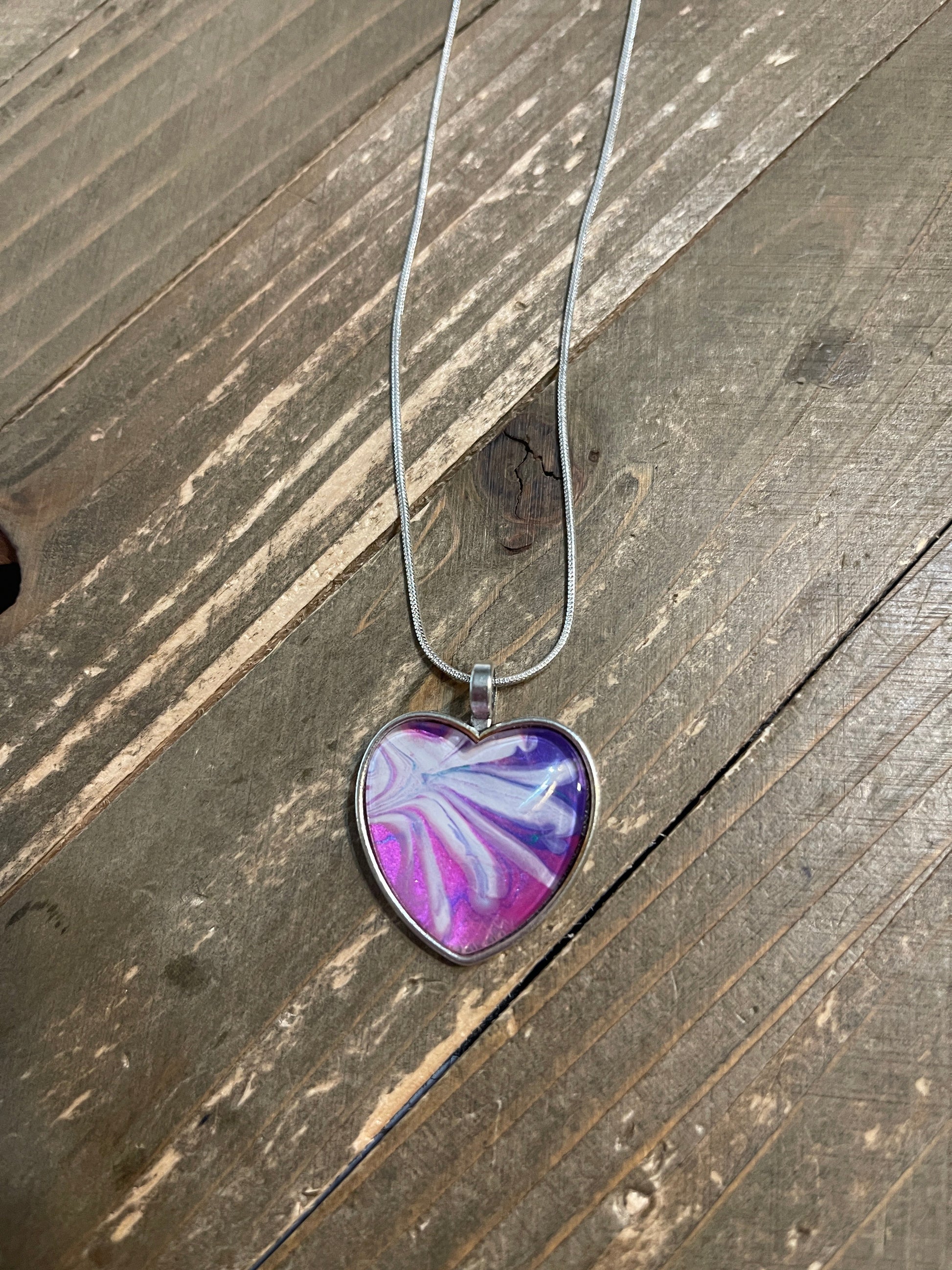 Acrylic Pour Paint - Pink, Purple & White Heart Pendant on a Silver Chain NecklacePink tiful of LOVE