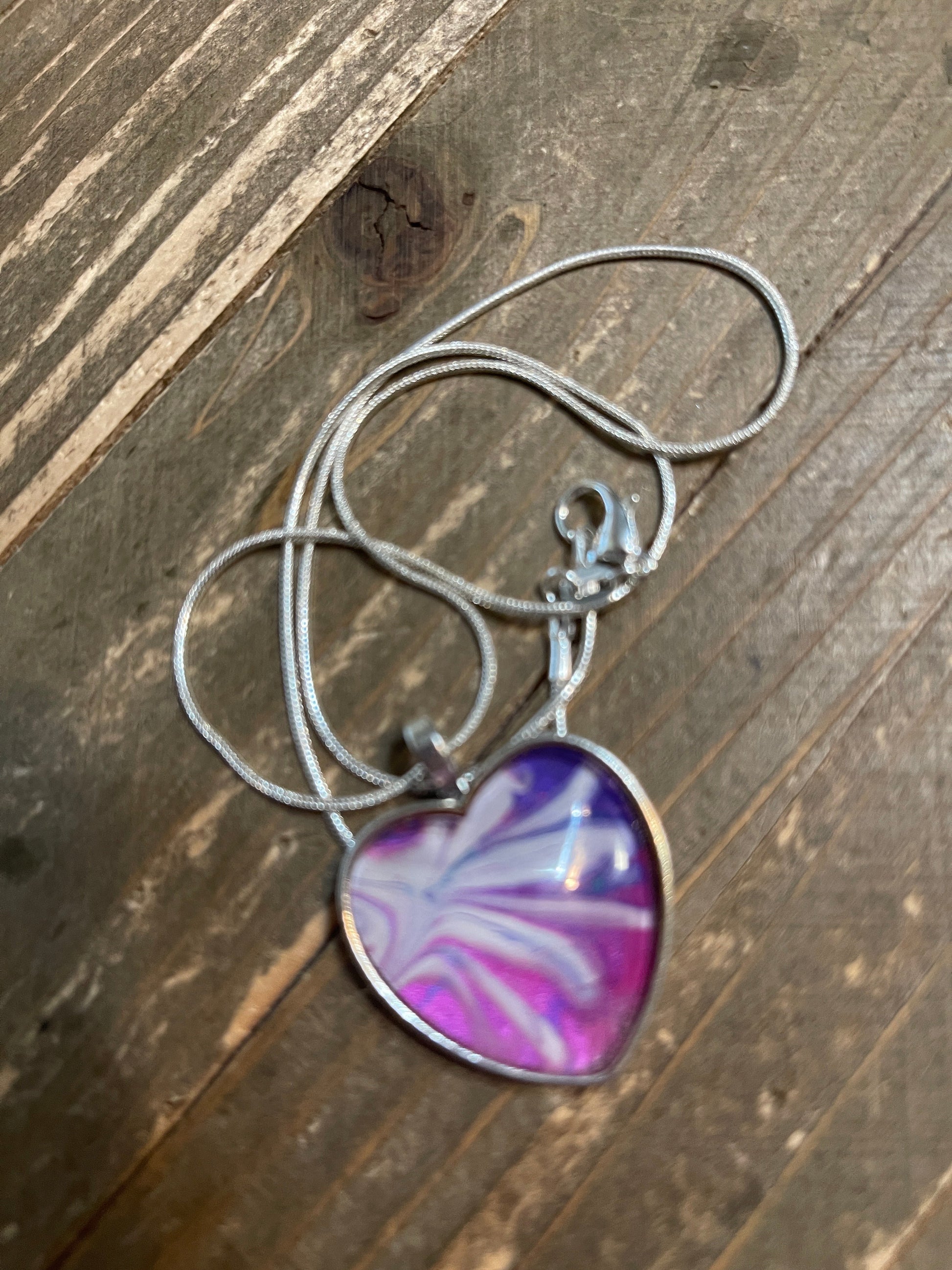 Acrylic Pour Paint - Pink, Purple & White Heart Pendant on a Silver Chain NecklacePink tiful of LOVE