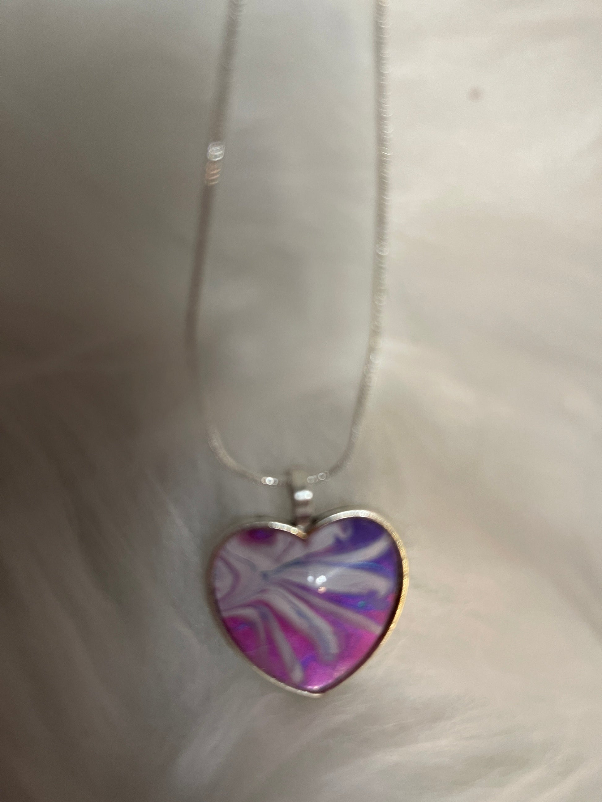 Acrylic Pour Paint - Pink, Purple & White Heart Pendant on a Silver Chain NecklacePink tiful of LOVE