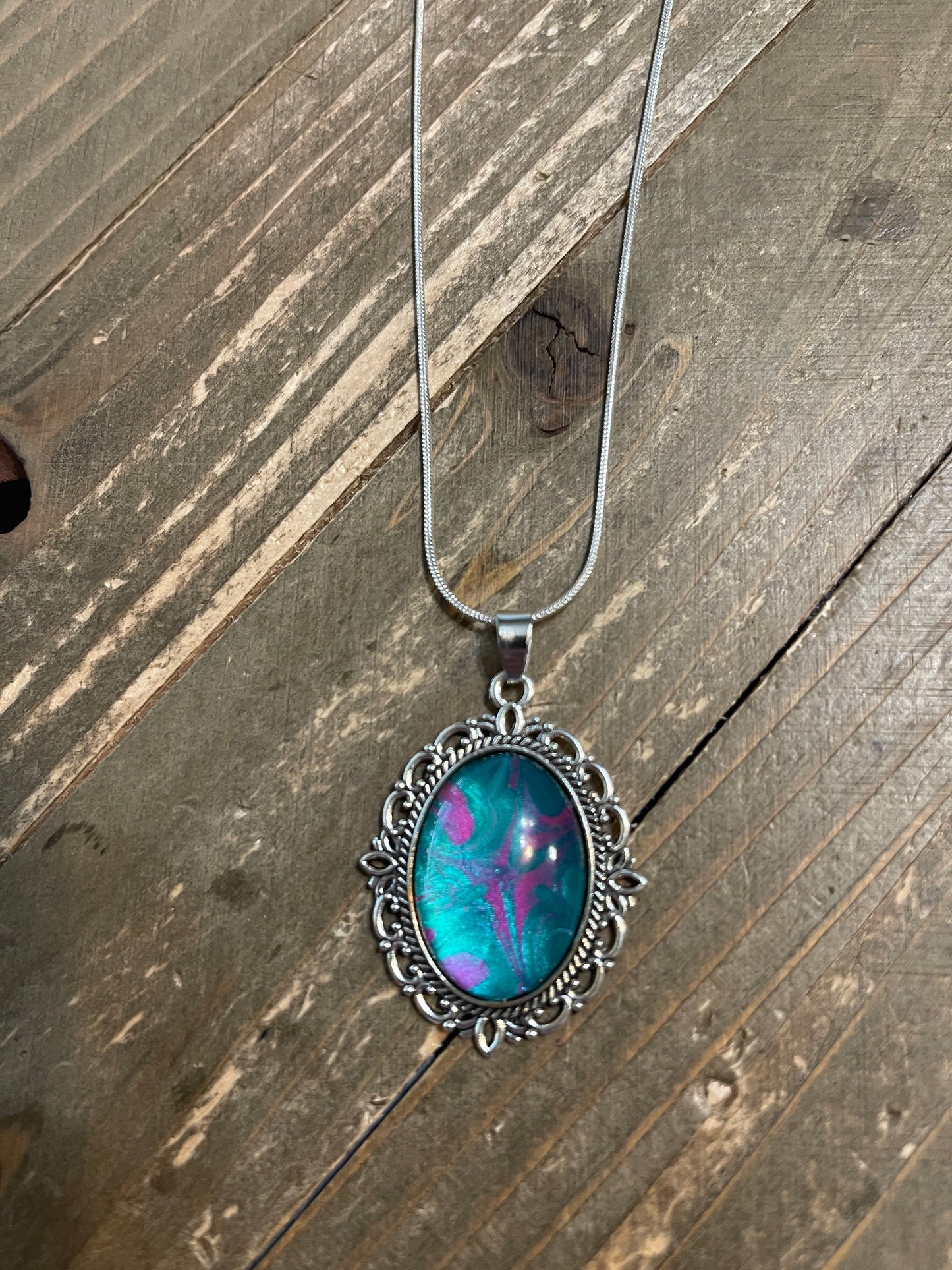 Acrylic Pour Paint - Pink & Blue Oblong Pendant on a Silver Chain NecklacePink tiful of LOVE