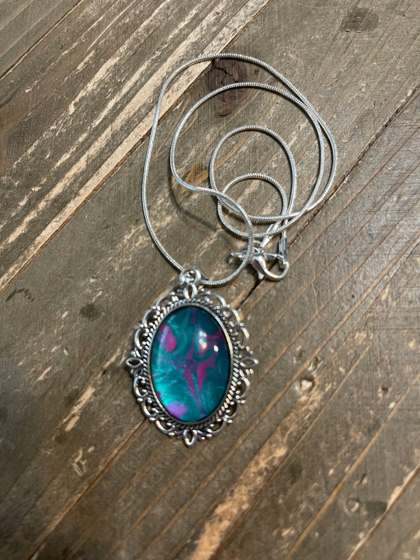 Acrylic Pour Paint - Pink & Blue Oblong Pendant on a Silver Chain NecklacePink tiful of LOVE