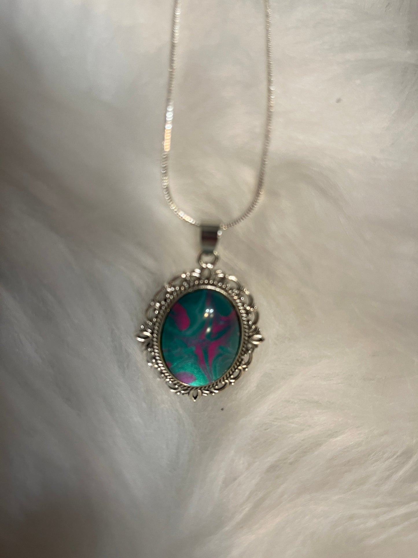 Acrylic Pour Paint - Pink & Blue Oblong Pendant on a Silver Chain NecklacePink tiful of LOVE