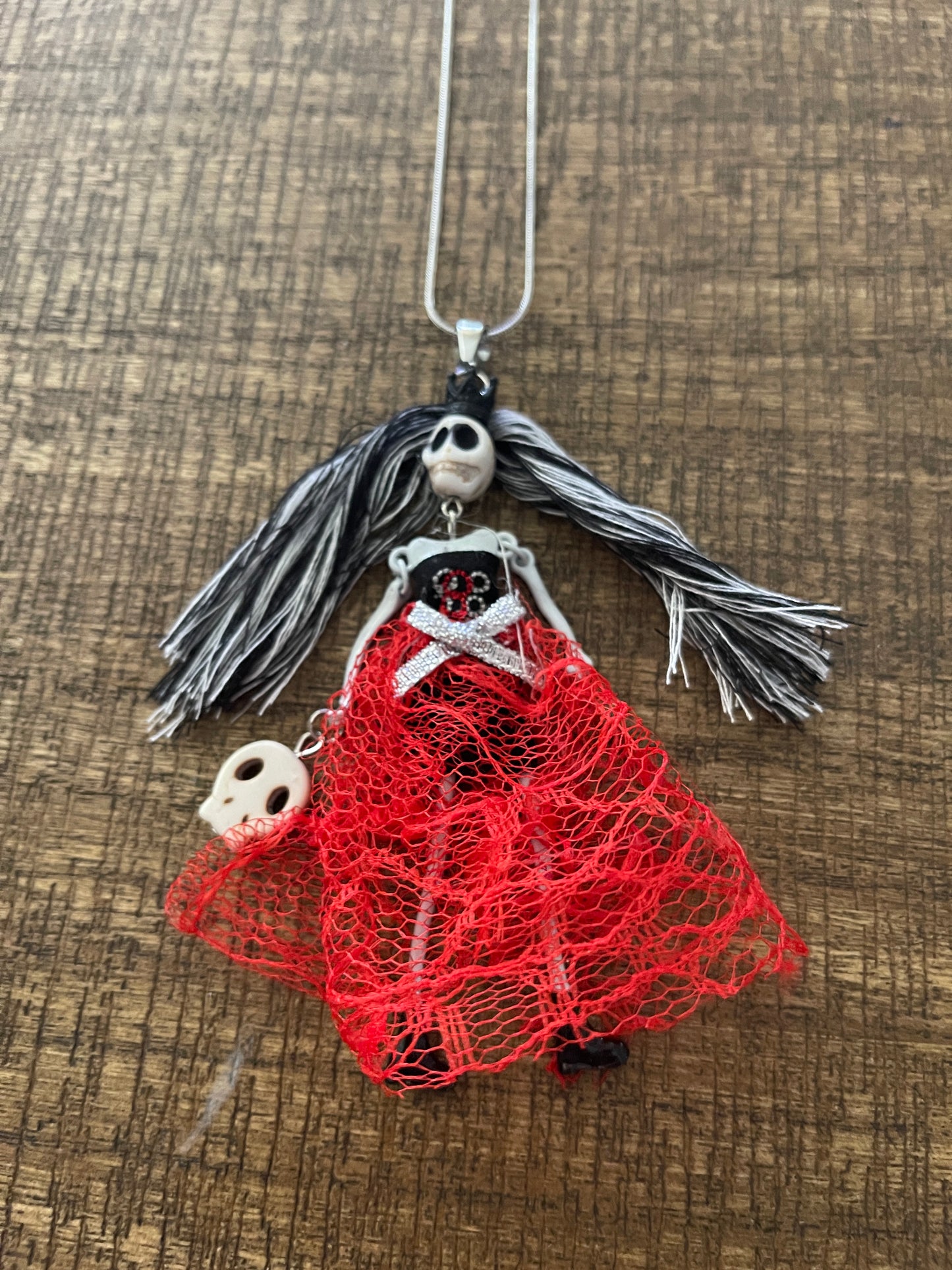 Halloween Gray and Black Hair Skeleton Pendant on a Silver Chain NecklacePink tiful of LOVE