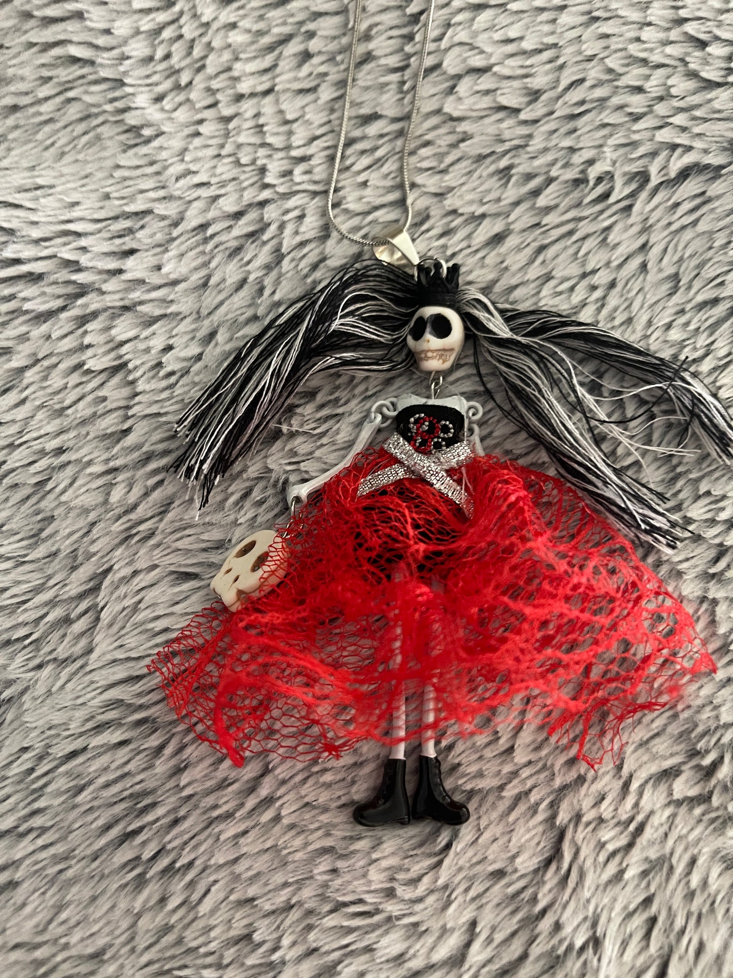 Halloween Gray and Black Hair Skeleton Pendant on a Silver Chain NecklacePink tiful of LOVE