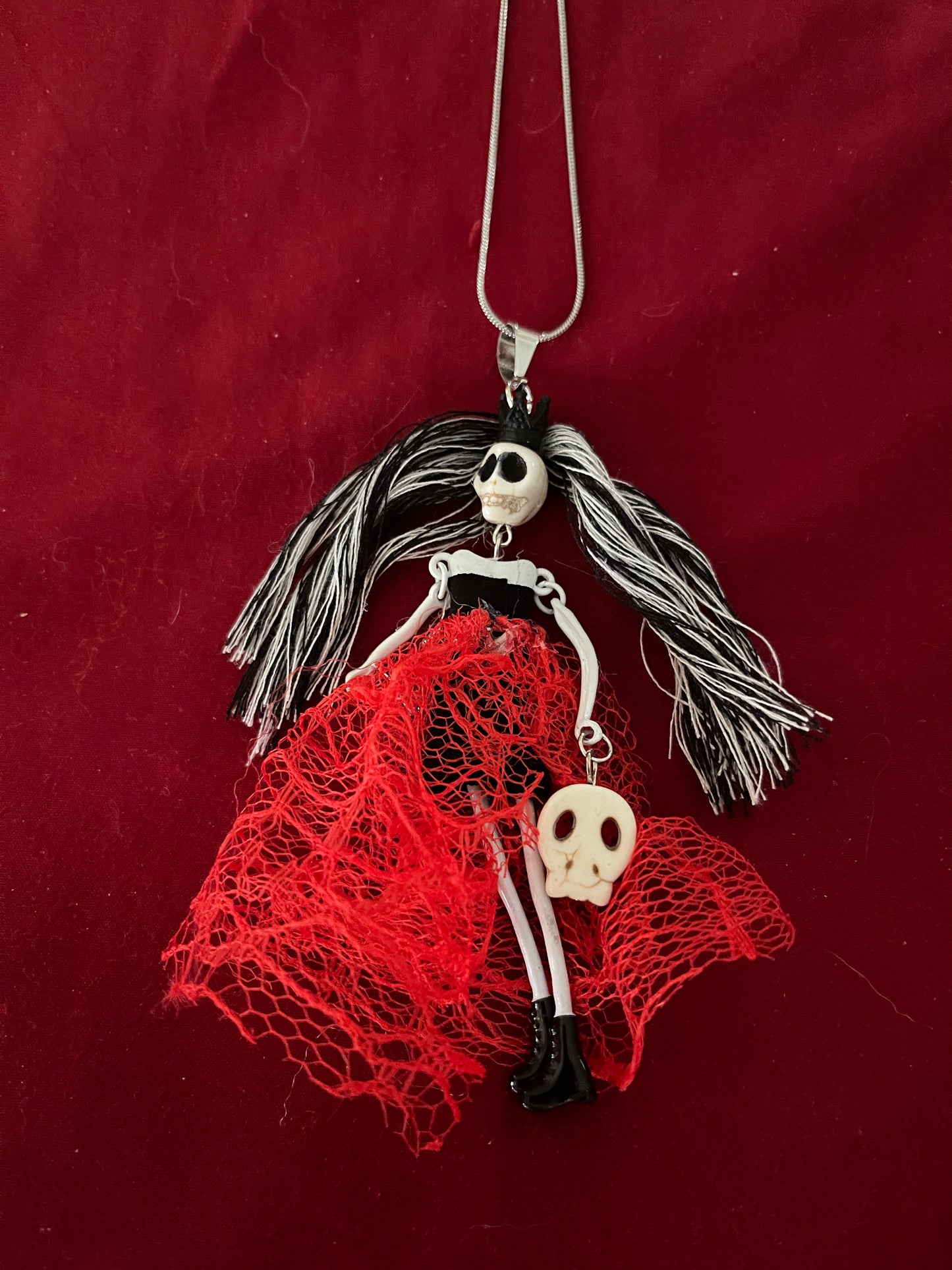 Halloween Gray and Black Hair Skeleton Pendant on a Silver Chain NecklacePink tiful of LOVE