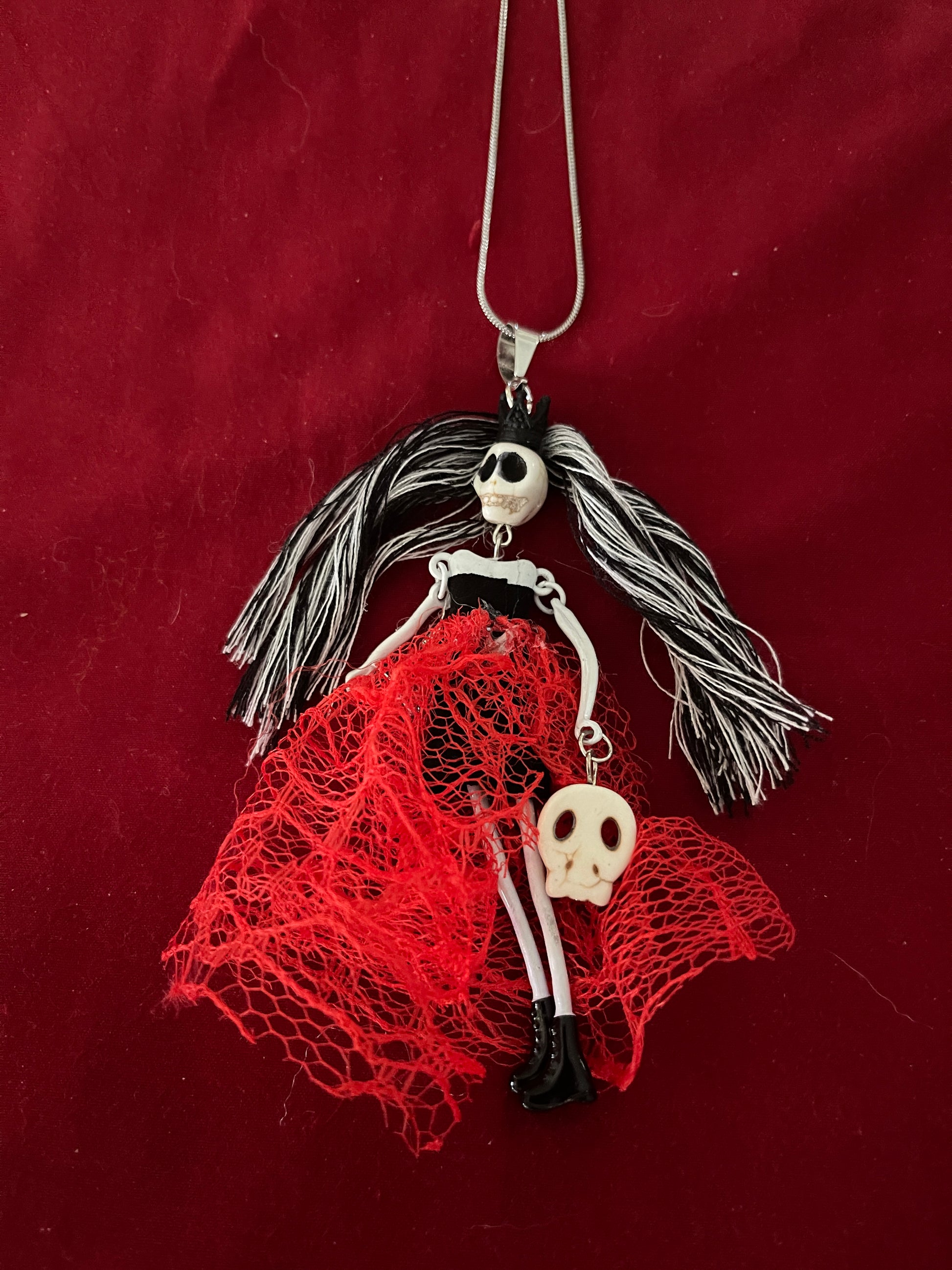Halloween Gray and Black Hair Skeleton Pendant on a Silver Chain NecklacePink tiful of LOVE