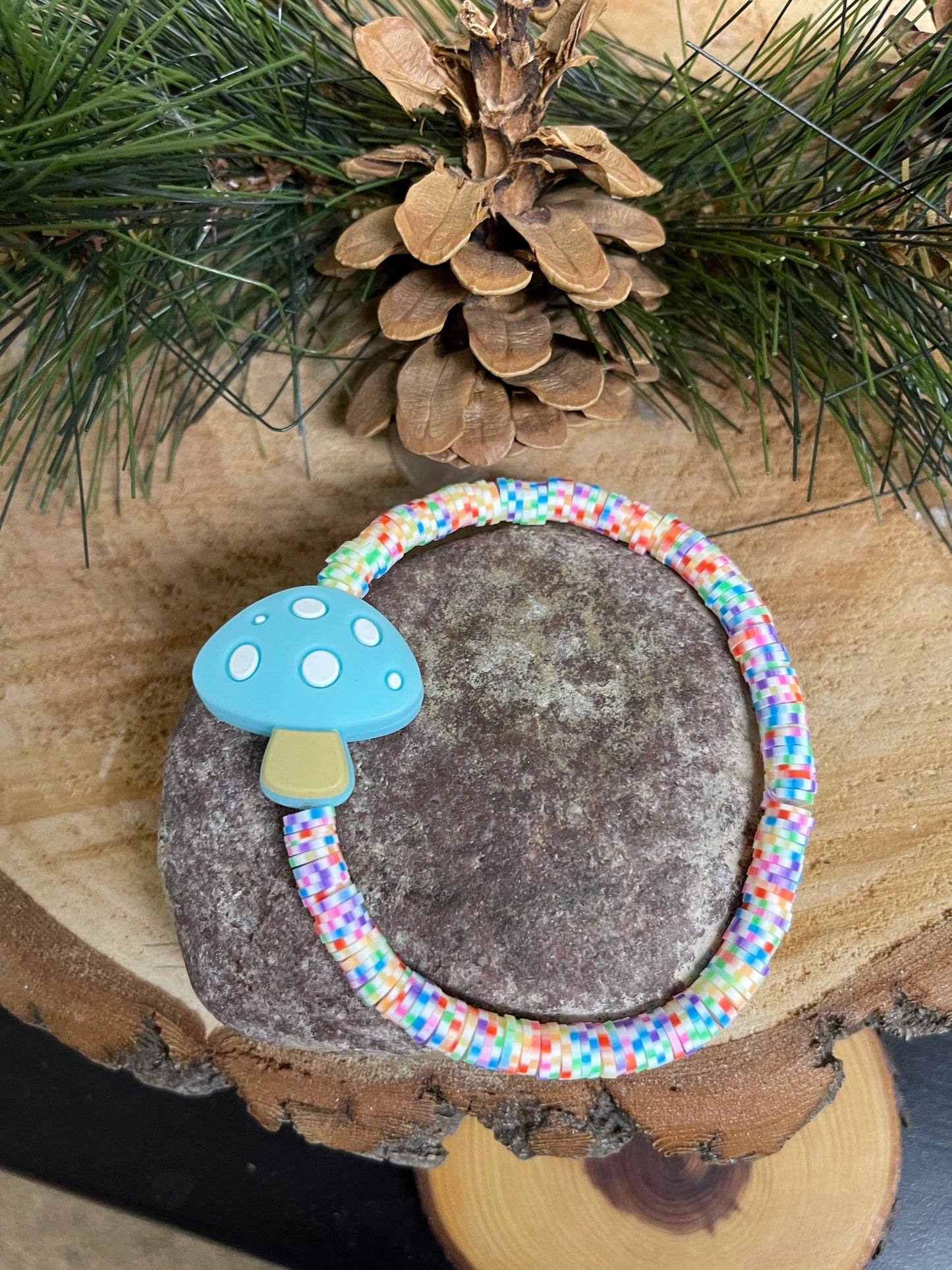 Blue Mushroom and Clay Beaded Stretch BraceletPink tiful of LOVE
