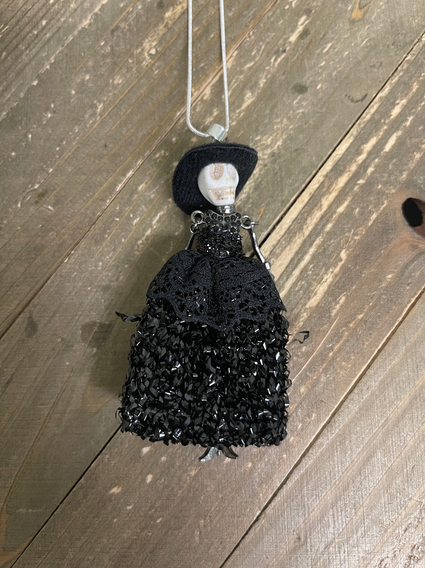 Halloween Black Dress  Skeleton Doll Pendant on a Silver Chain NecklacePink tiful of LOVE