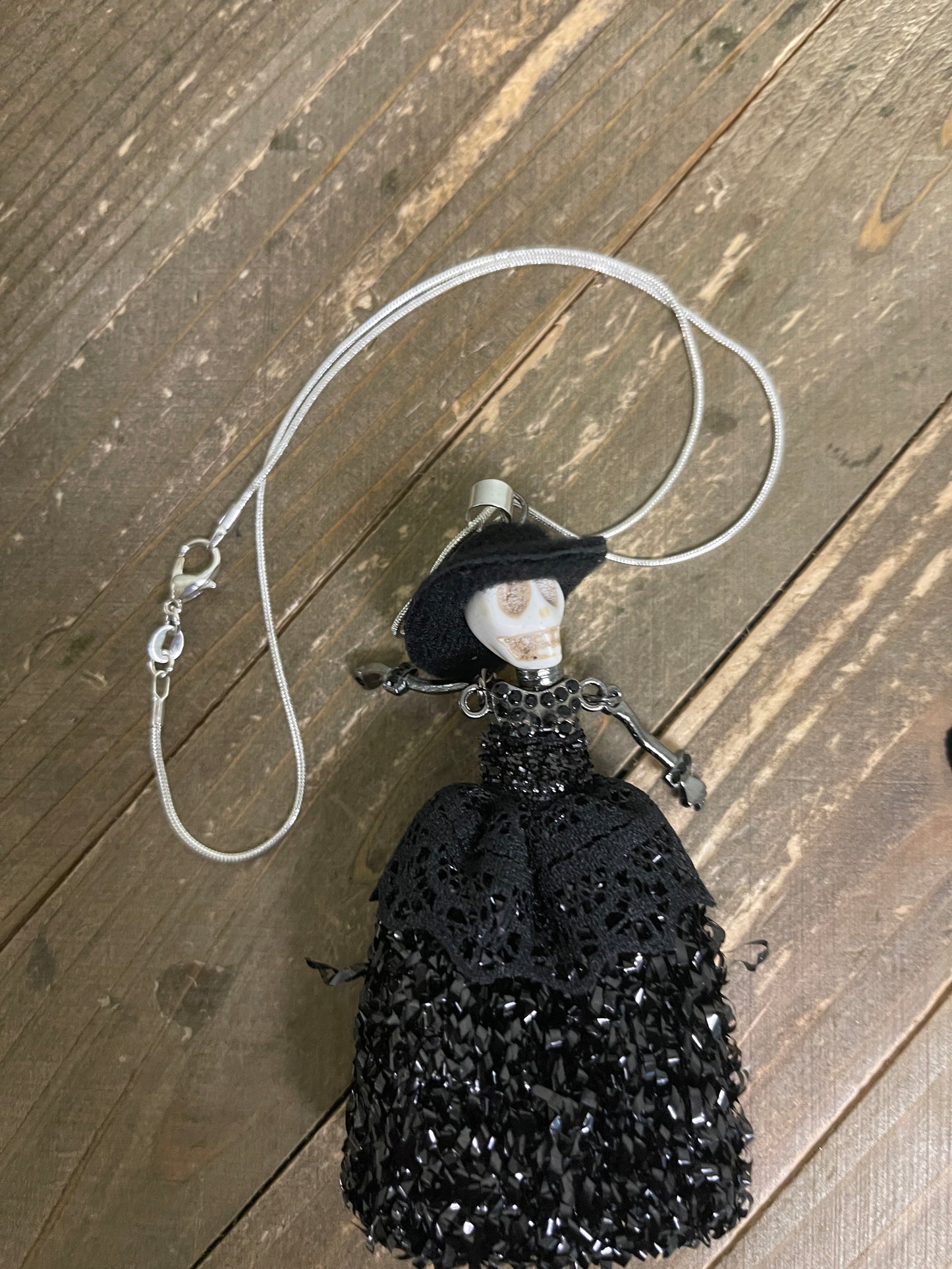 Halloween Black Dress  Skeleton Doll Pendant on a Silver Chain NecklacePink tiful of LOVE