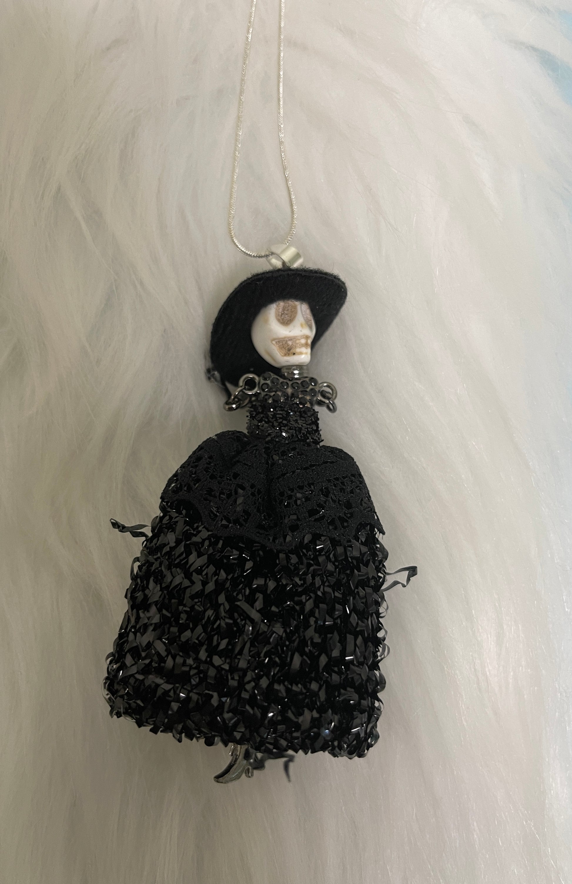 Halloween Black Dress  Skeleton Doll Pendant on a Silver Chain NecklacePink tiful of LOVE