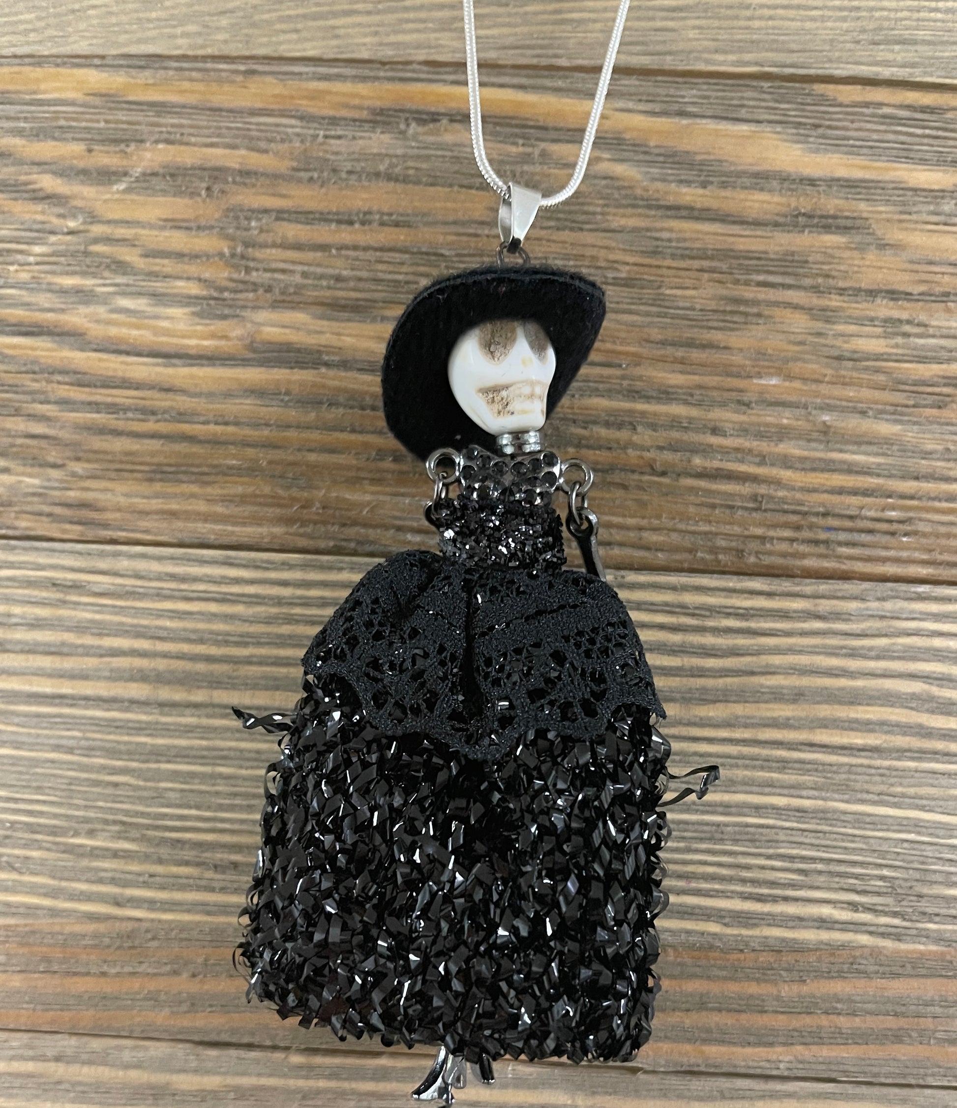 Halloween Black Dress  Skeleton Doll Pendant on a Silver Chain NecklacePink tiful of LOVE