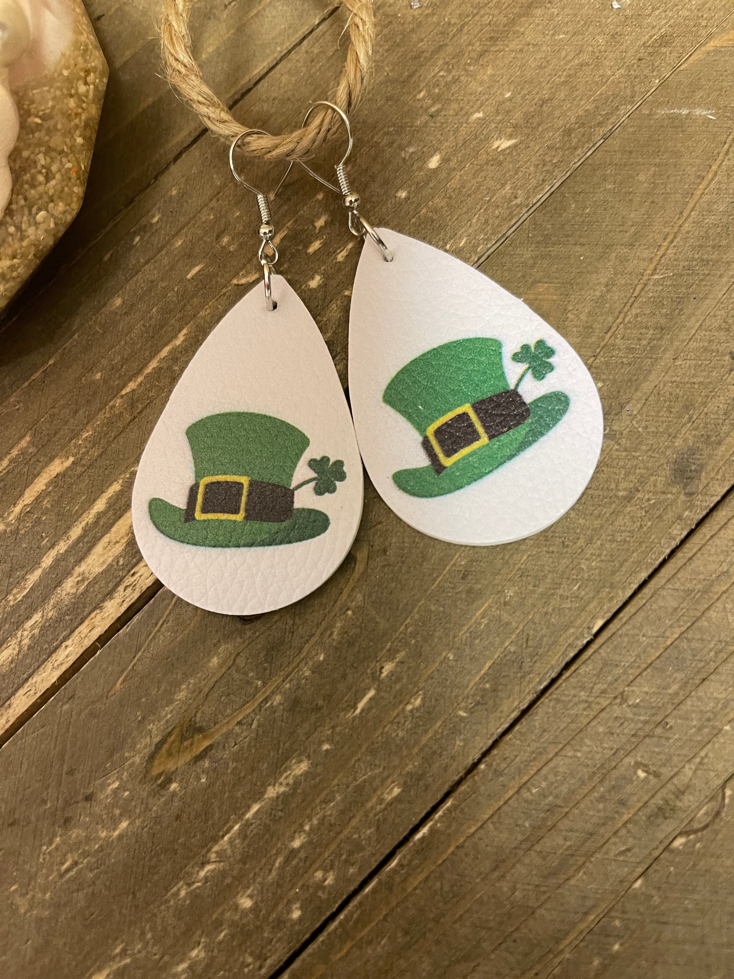 St Patrick's Day shamrock Hat earrings; Faux Leather teardrop earringsPink tiful of LOVE
