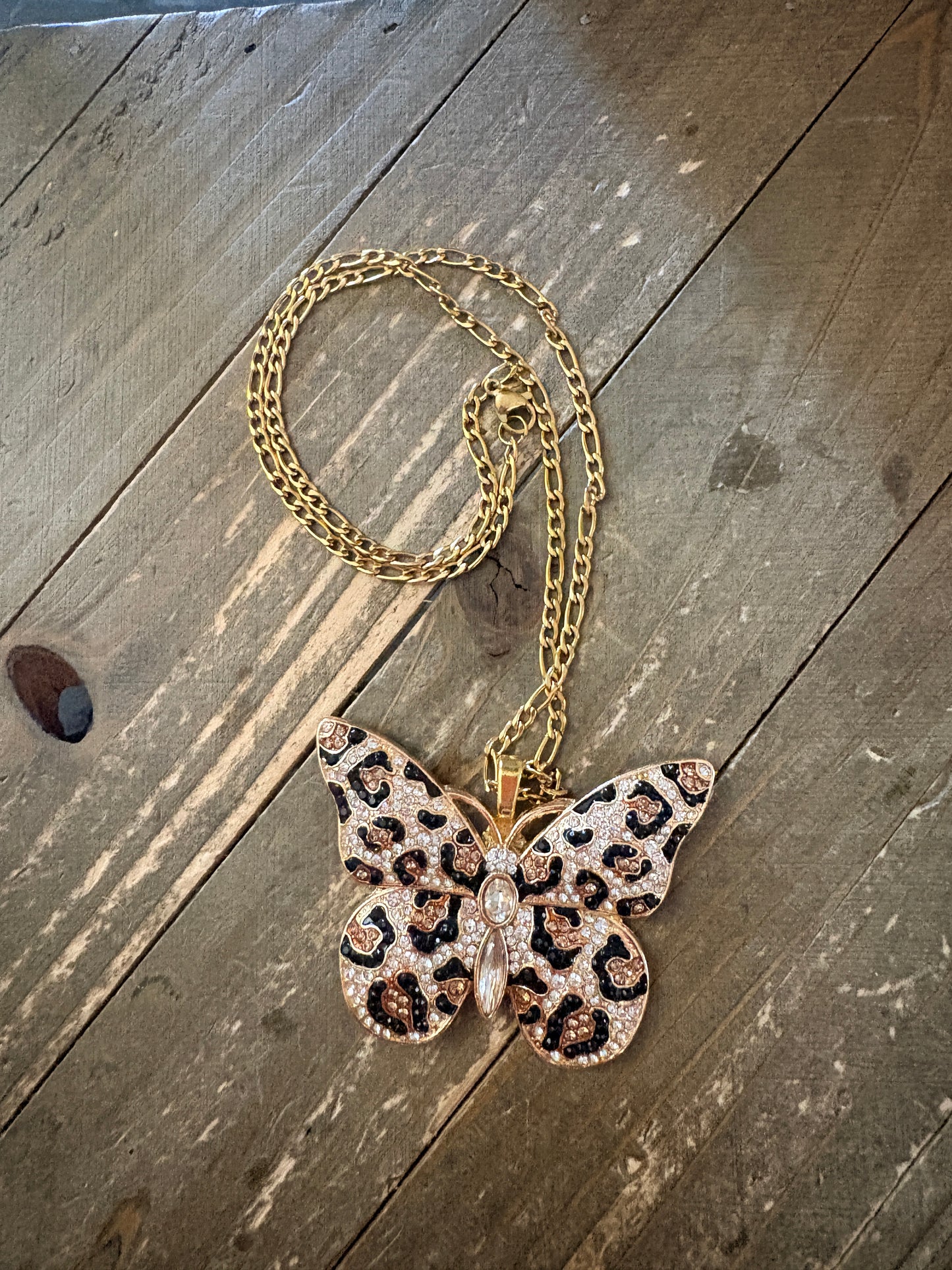 Leopard Print Rhinestone Butterfly Pendant Necklace — 18K Gold Figaro Chain